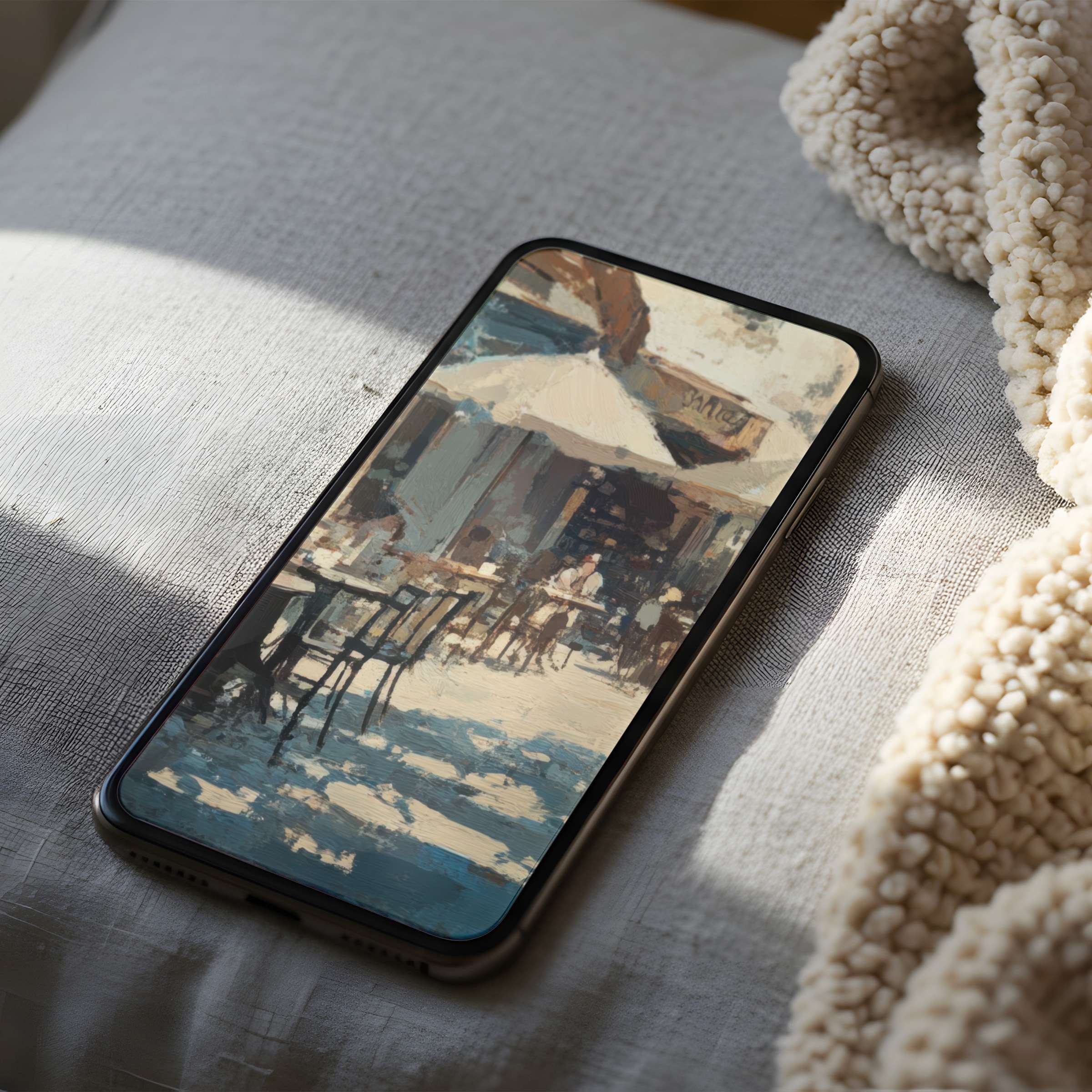 Elegant phone wallpaper featuring a serene outdoor café scene in soft pastel hues offers tranquility on iPhone and Android high-resolution screens