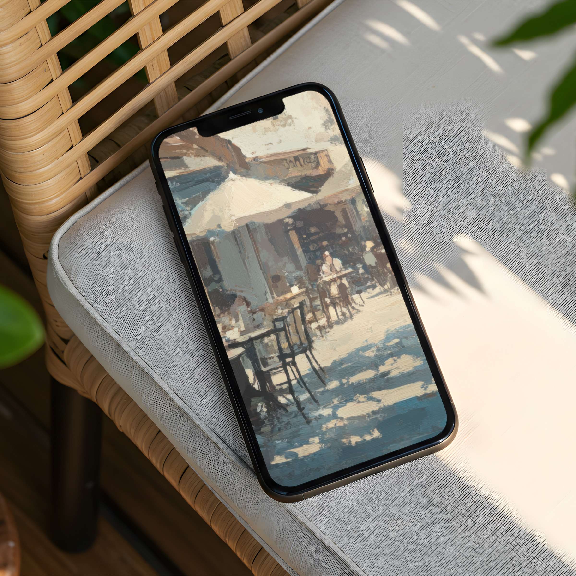 Elegant iPhone background with impressionist outdoor café scene for instant download to inspire calm and mindfulness on your phone
