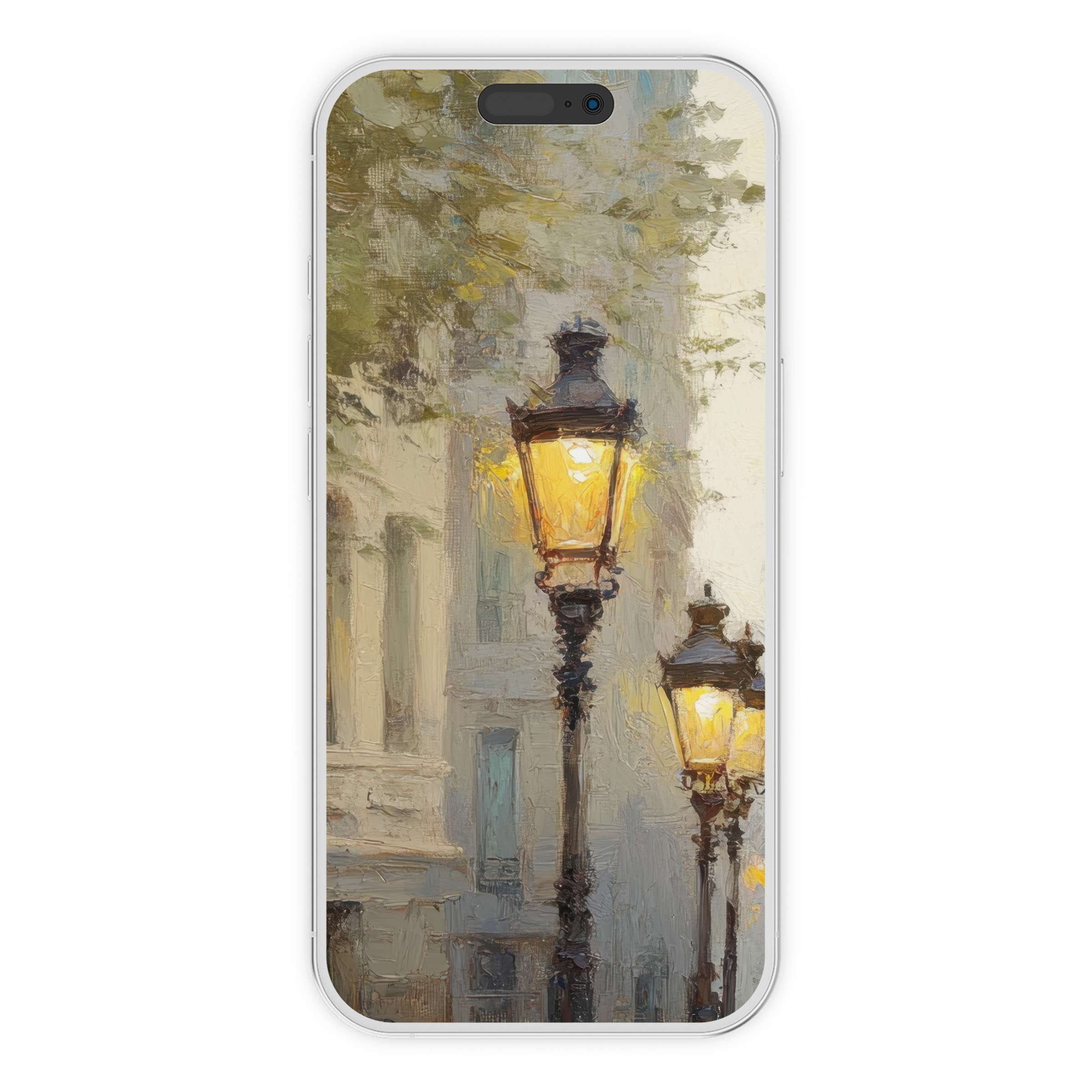 Urban art iPhone wallpaper digital download featuring serene street lamps in a painterly style phone background suitable for all smartphones