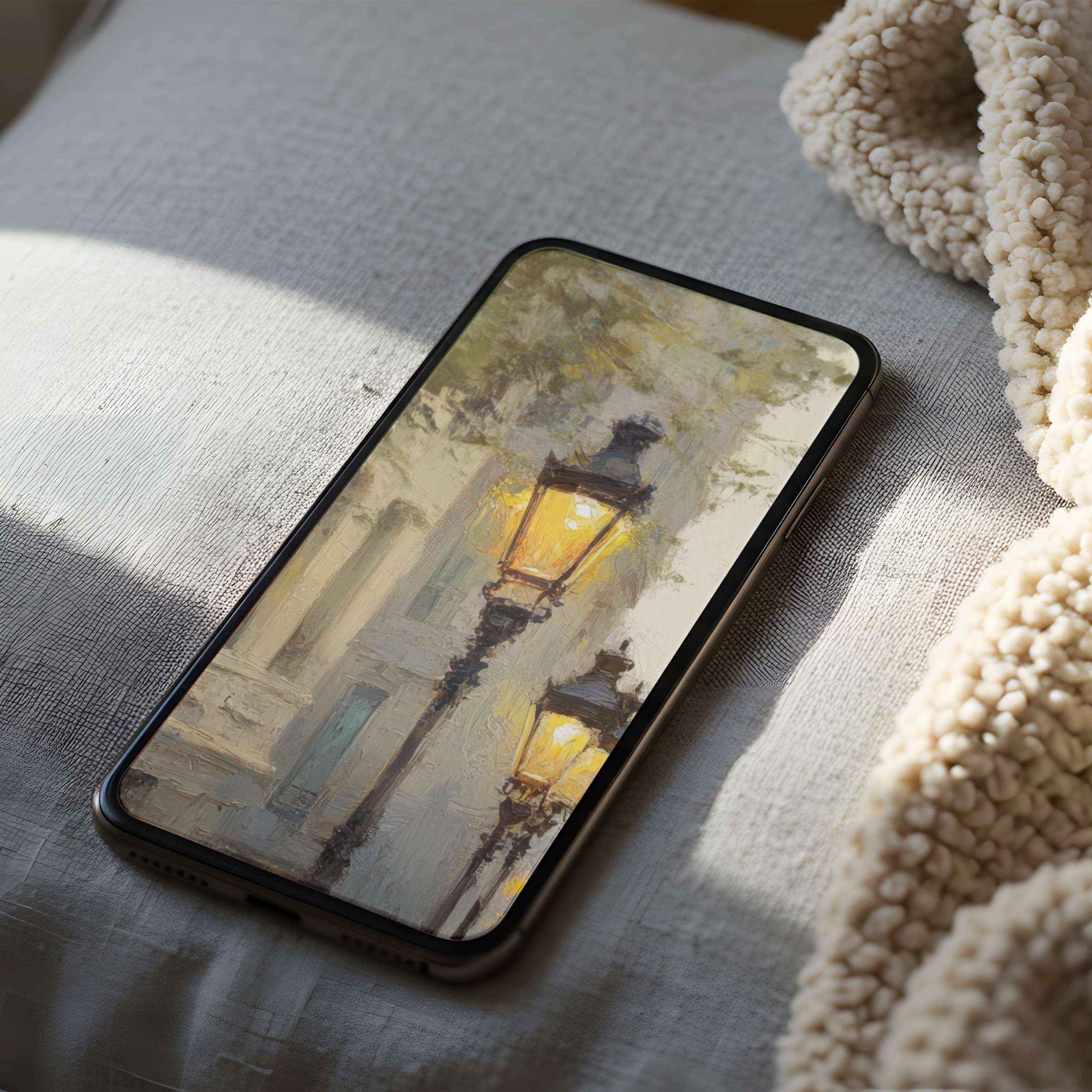 Elegant phone wallpaper featuring impressionist street lamps, soft hues, and a serene backdrop, perfect for iPhone or Android digital download