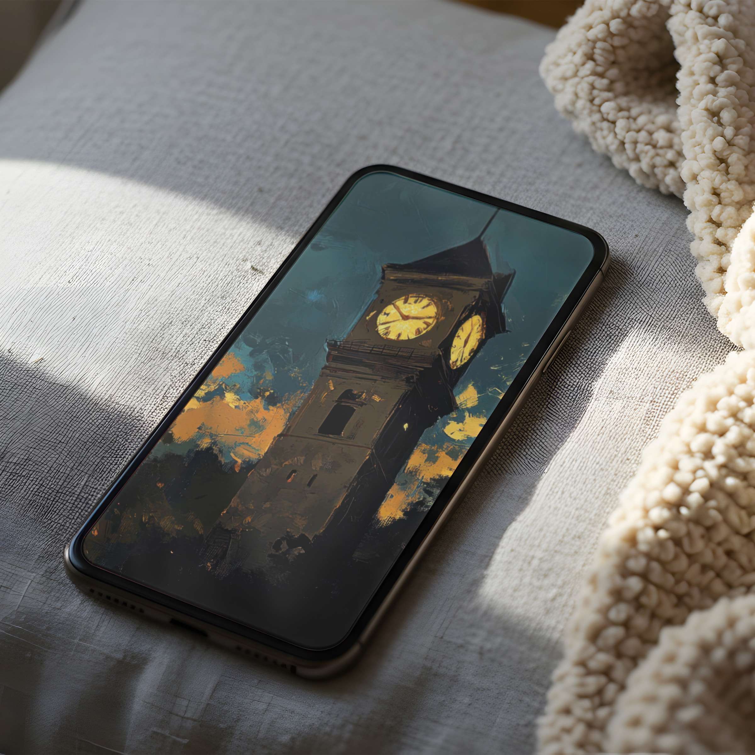 Elegant phone wallpaper featuring a night tower painting in warm tones against a cozy background suitable for iPhone and Android download