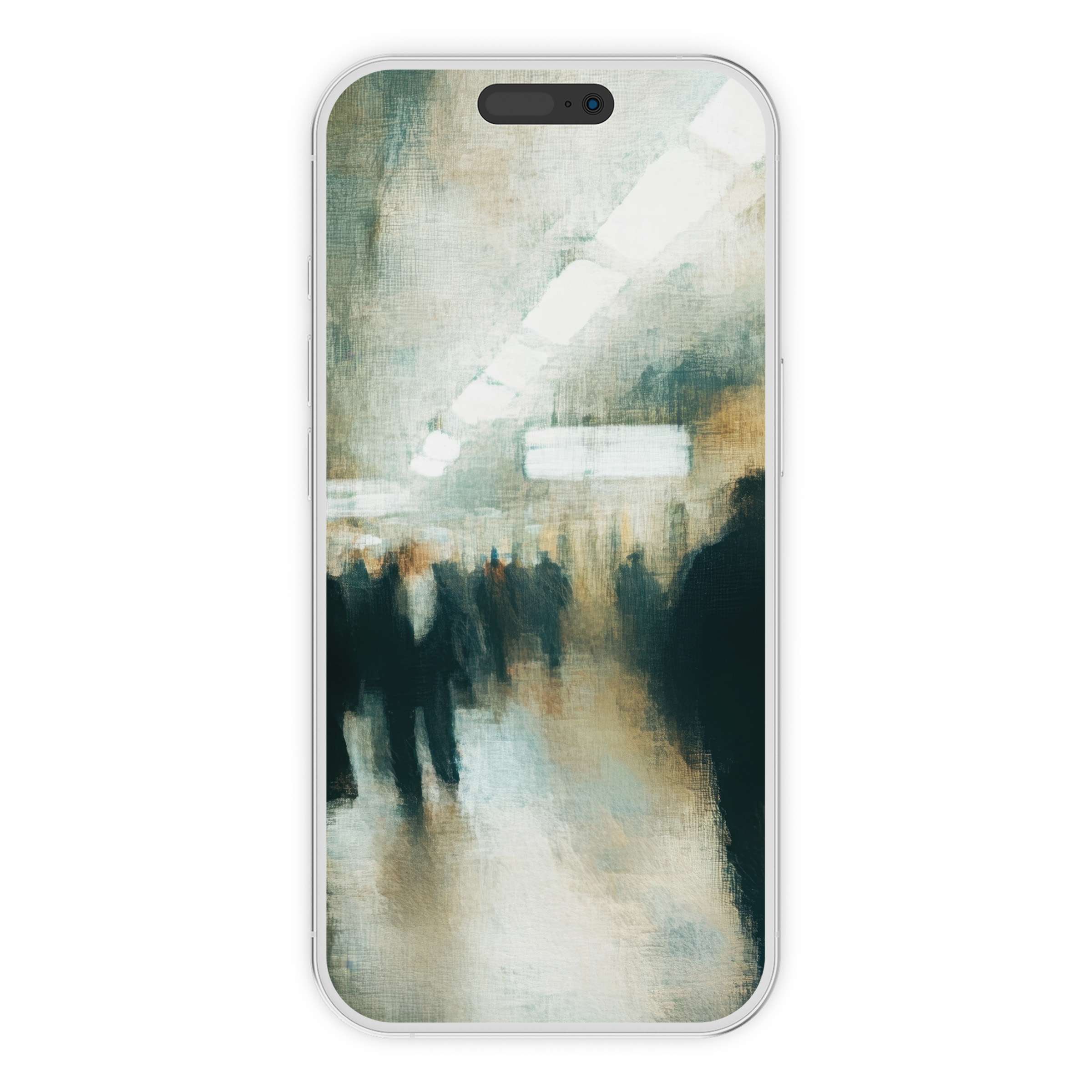 Elegant urban art iPhone wallpaper captures a serene, abstract cityscape in soft hues, perfect digital download for any phone background