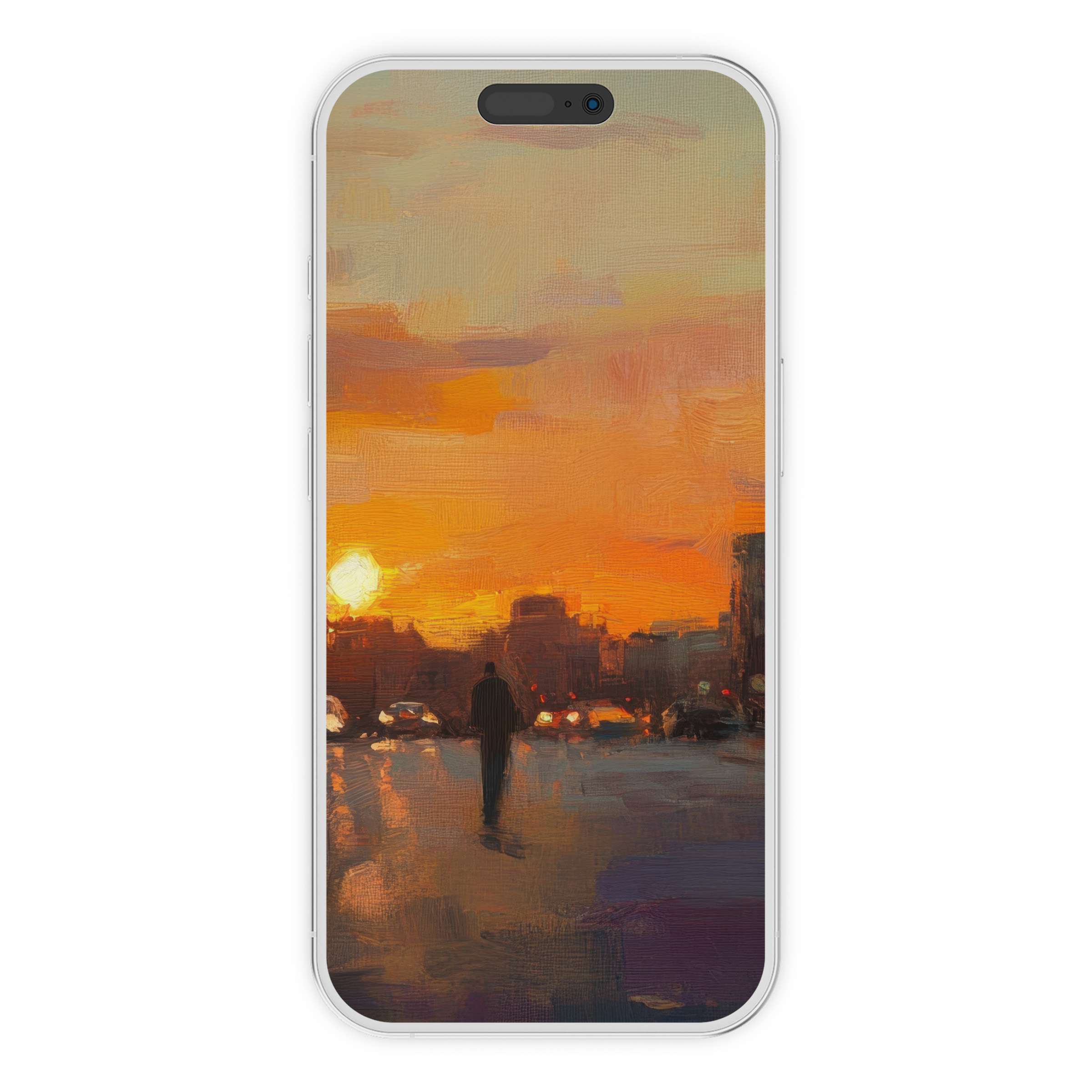 Radiant urban art iPhone wallpaper with sunset hues, serene mood, digital download for a stylish phone background suitable for all devices