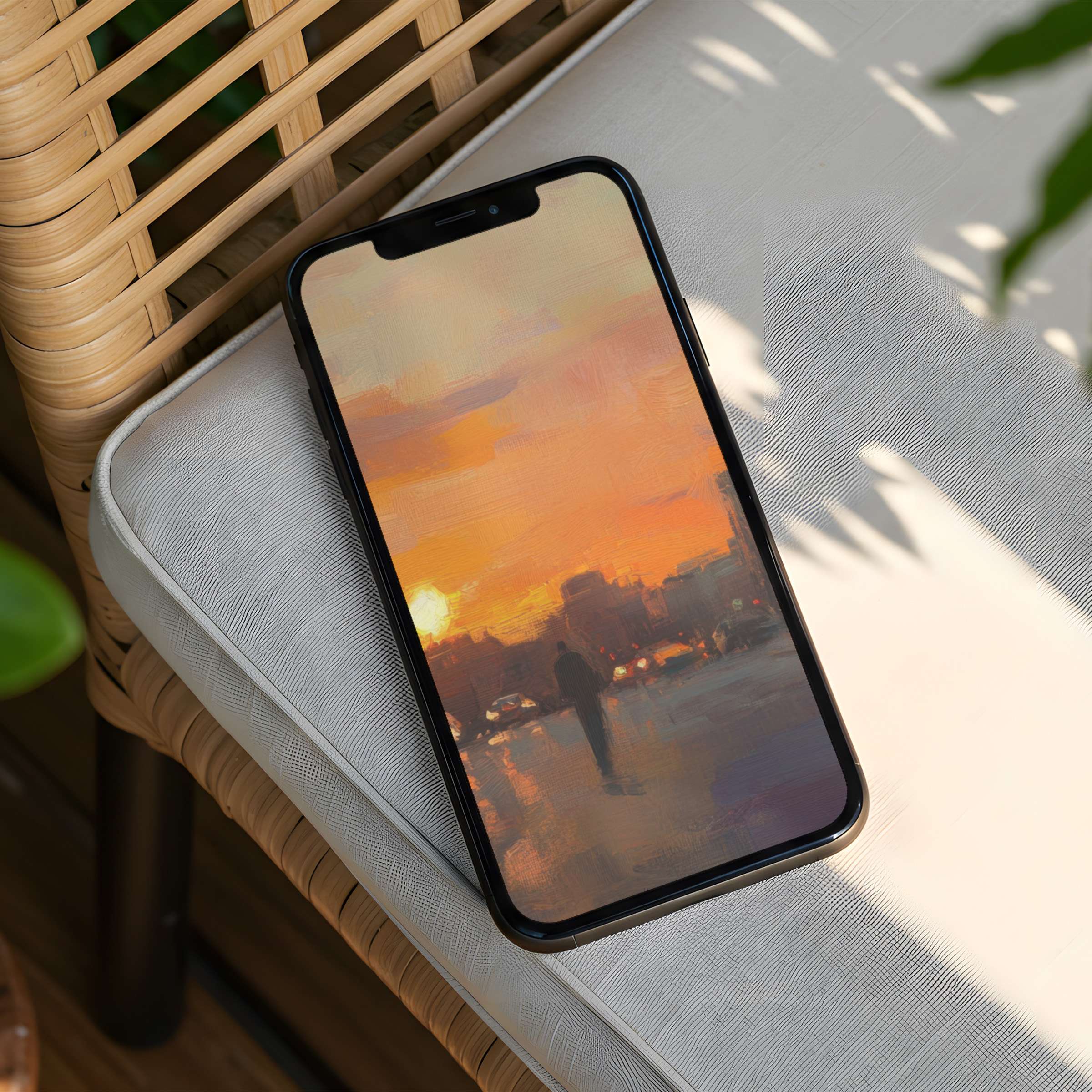 Elegant sunset painting as iPhone background for instant download; perfect for modern phone users seeking calming inspiration