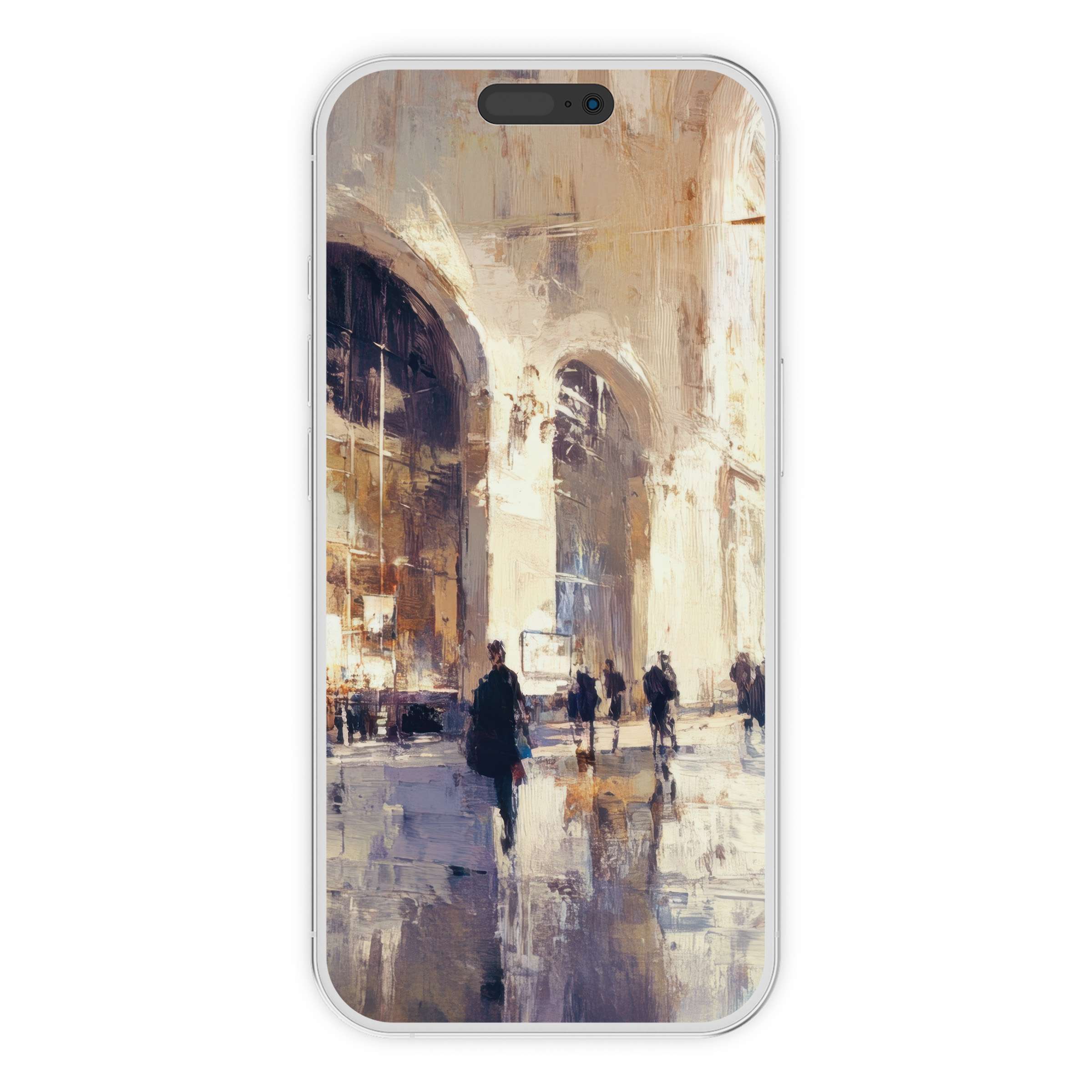 Urban art iPhone wallpaper featuring impressionistic cityscape with soft hues for an elegant phone background digital download