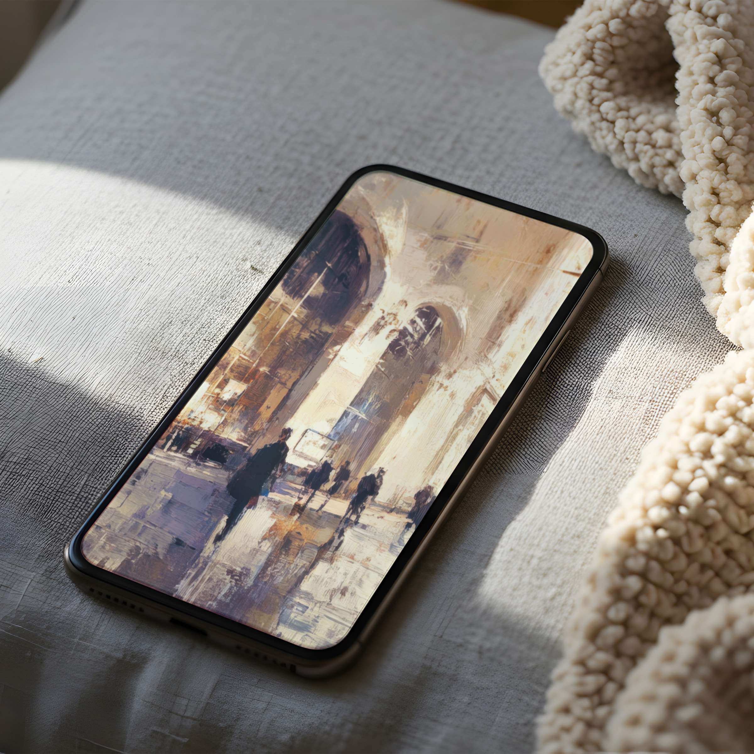 Elegant phone wallpaper featuring abstract cityscape art in warm tones, perfect for iPhone and Android, offering serenity and style