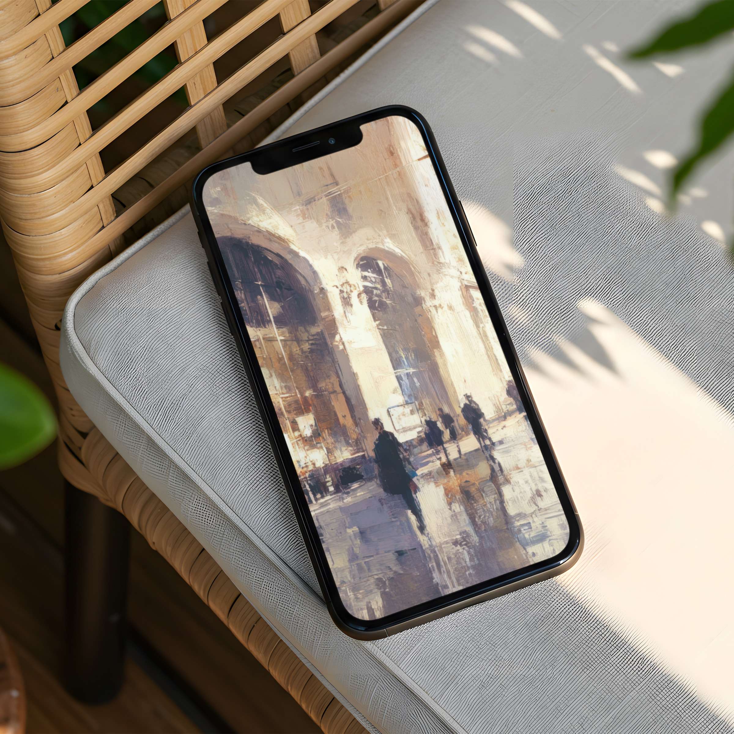 Elegant iPhone background with impressionist architecture art evokes calm on your phone screen instant download for mindful design lovers