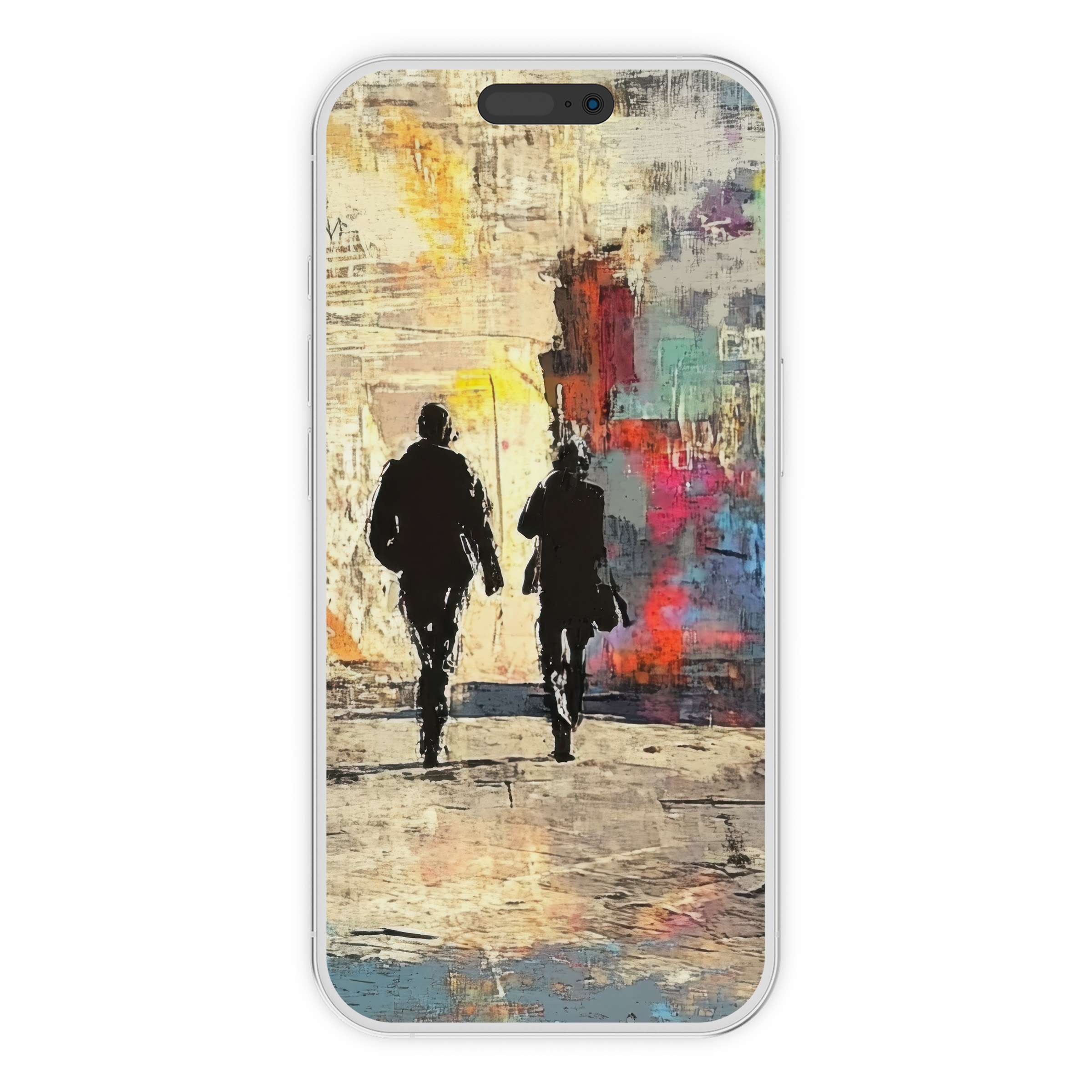 Urban art iPhone wallpaper featuring silhouettes amidst vibrant brushstrokes, offering a digital download for serene phone background versatility