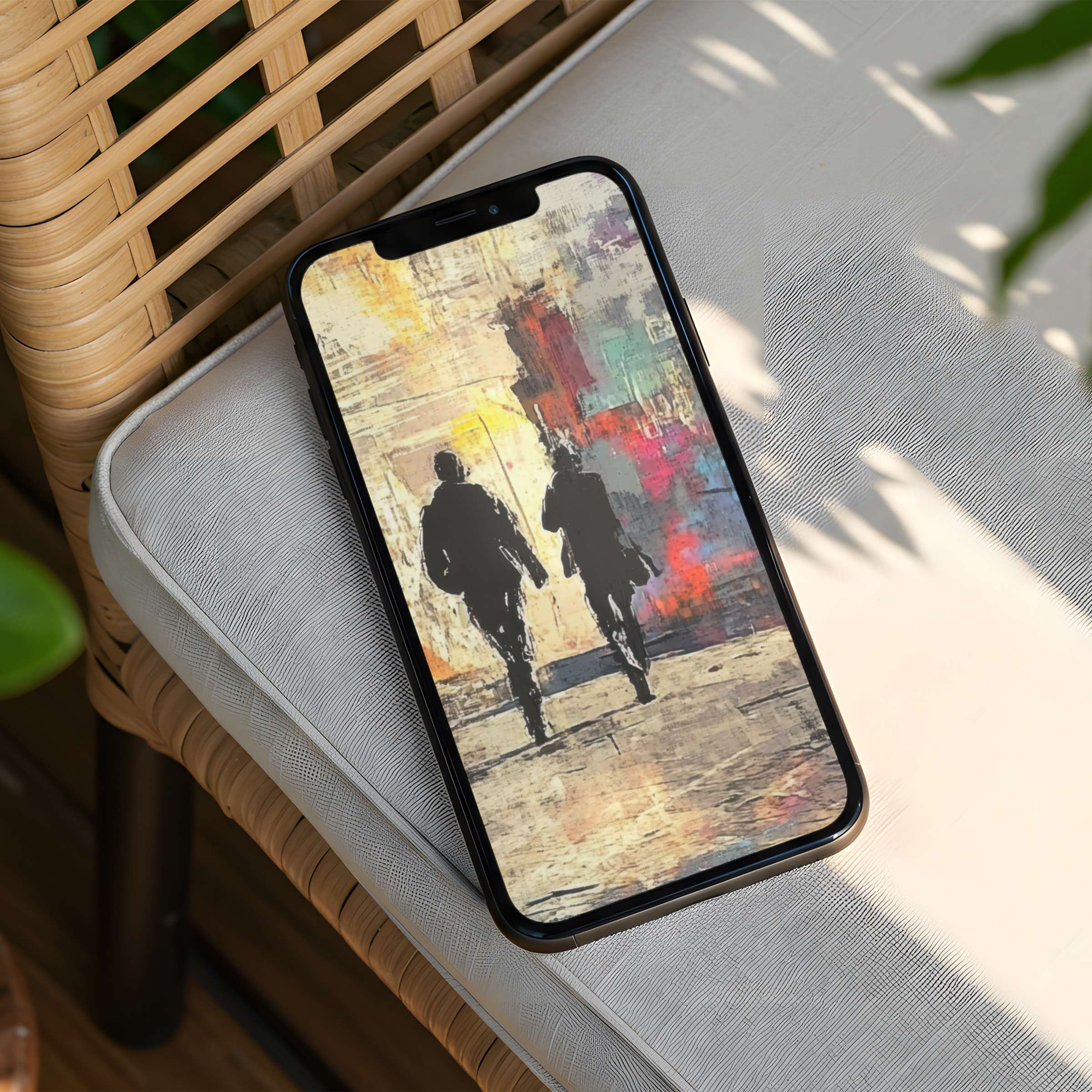 Elegant abstract figures walk towards warm hues in this iPhone background, perfect for instant download to any phone device