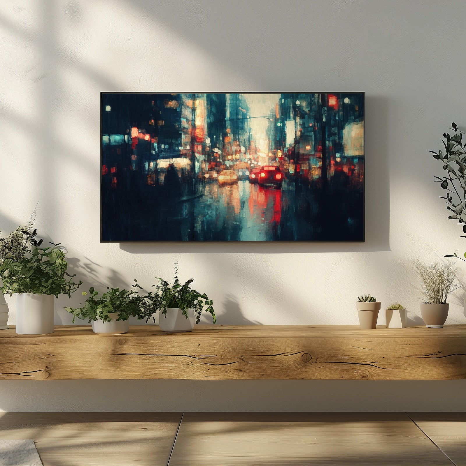Moody urban cityscape artwork for Samsung Frame TV, featuring rainy reflections, glowing city lights and modern atmospheric night colors