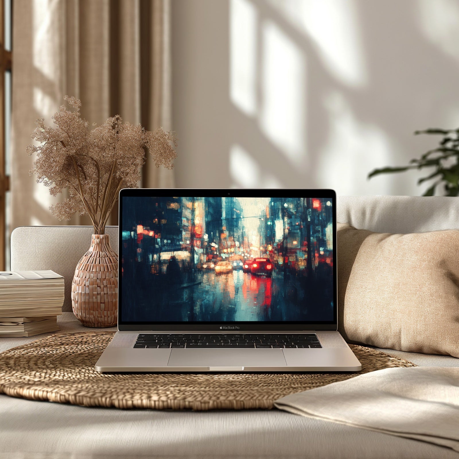 Moody urban city street desktop wallpaper with glowing night lights, rain reflections, and an artistic blurred paint style for a modern, atmospheric workspace