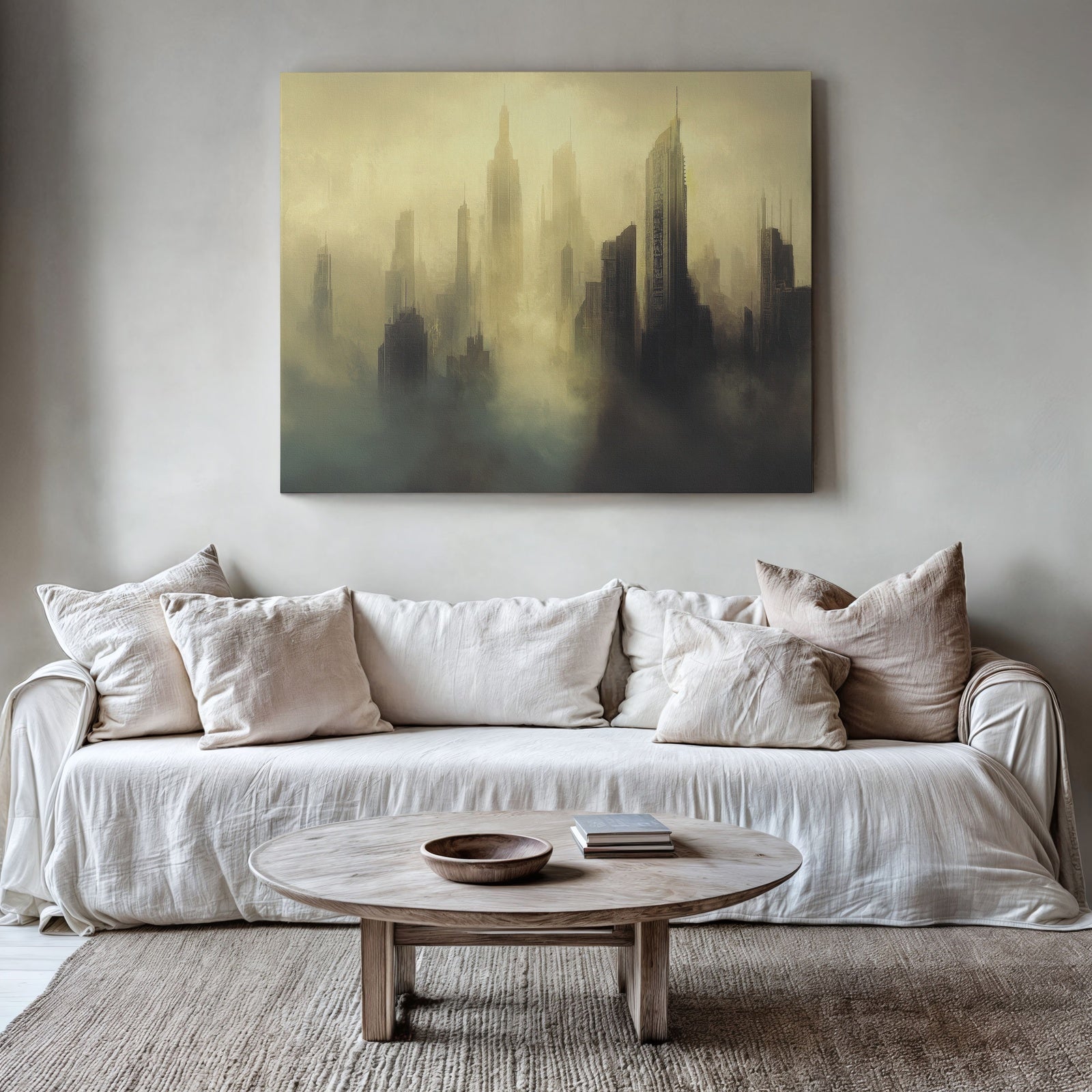 Minimalist living room with neutral tones featuring a framed urban cityscape art print in warm golden light and misty atmosphere above a beige sofa with soft pillows and a wooden coffee table