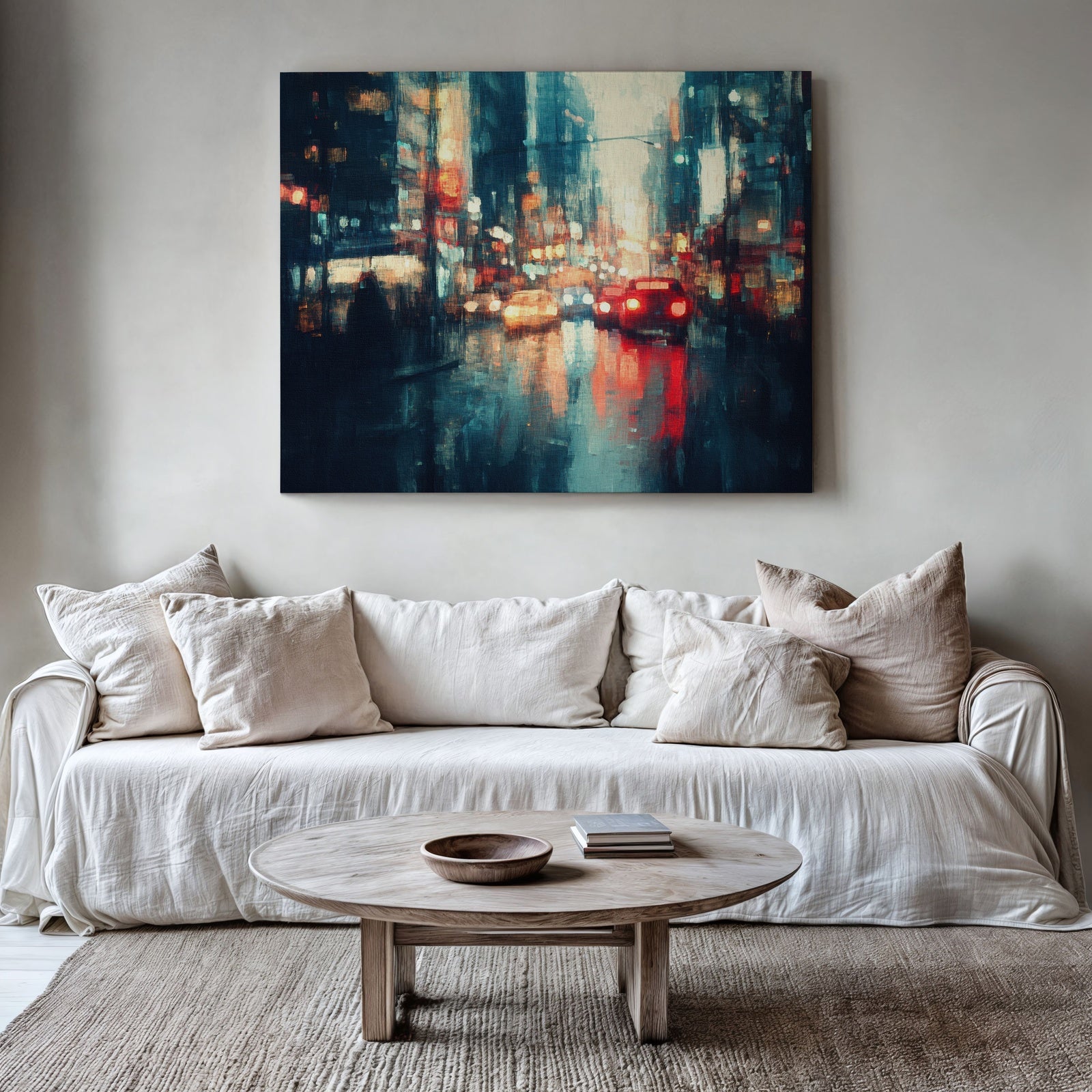 Modern living room with neutral tones featuring a large framed digital cityscape print of blurred lights and cars on a rainy street, adding urban energy to the cozy interior