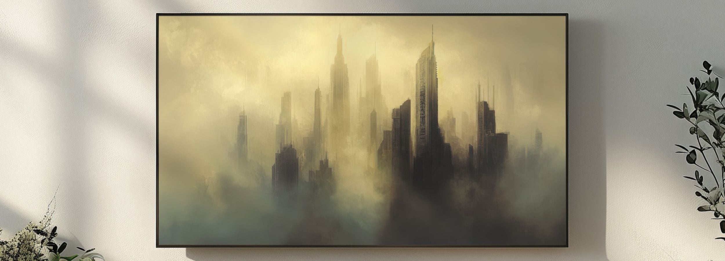 Moody urban skyline digital painting in soft beige fog, modern cityscape wall art styled for Samsung Frame TV, minimalist contemporary home decor