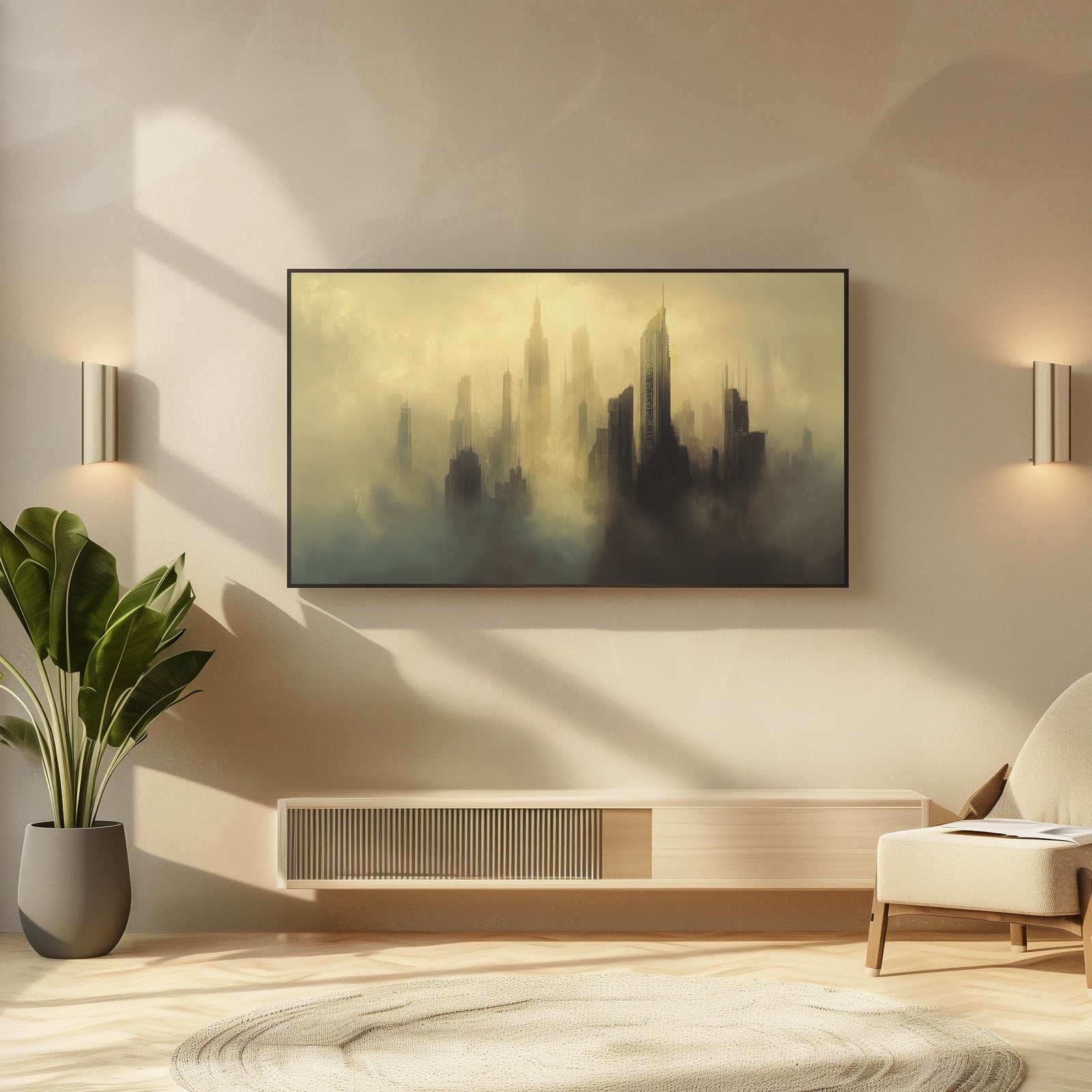 Urban Frame TV Art with Foggy Skyline in Modern Living Room