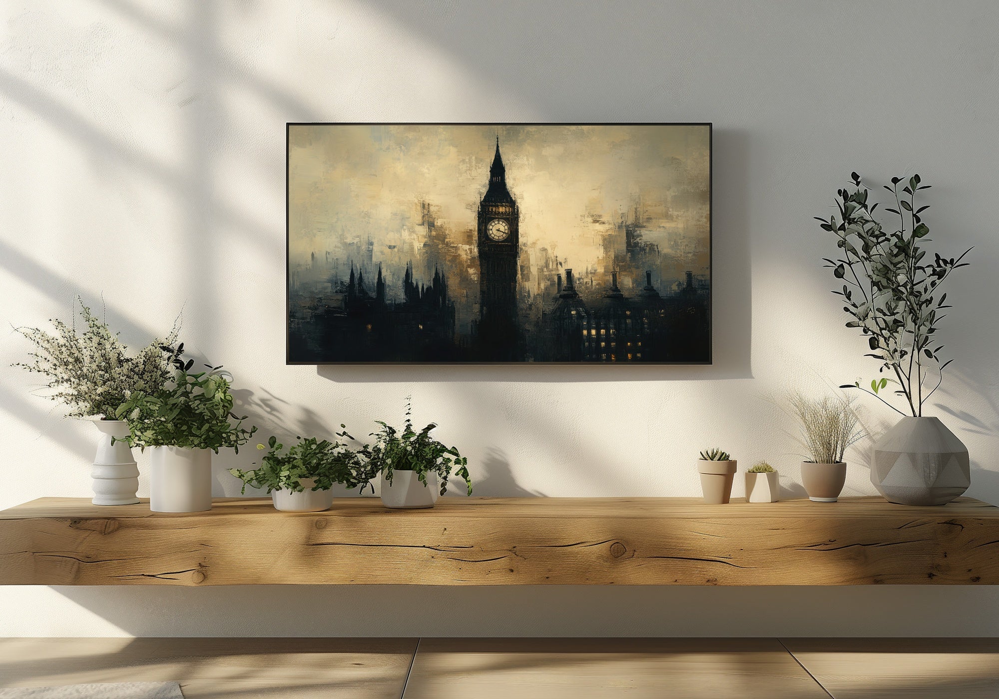 Modern living room with wooden floating shelf, decorated with green plants, and a Samsung Frame TV displaying a digital artwork of Big Ben in an abstract, moody London cityscape