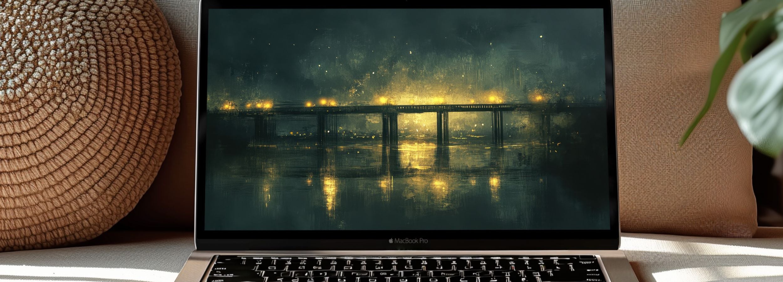 Urban night city bridge desktop wallpaper with glowing lights reflected on water, moody atmospheric digital art for modern workspaces