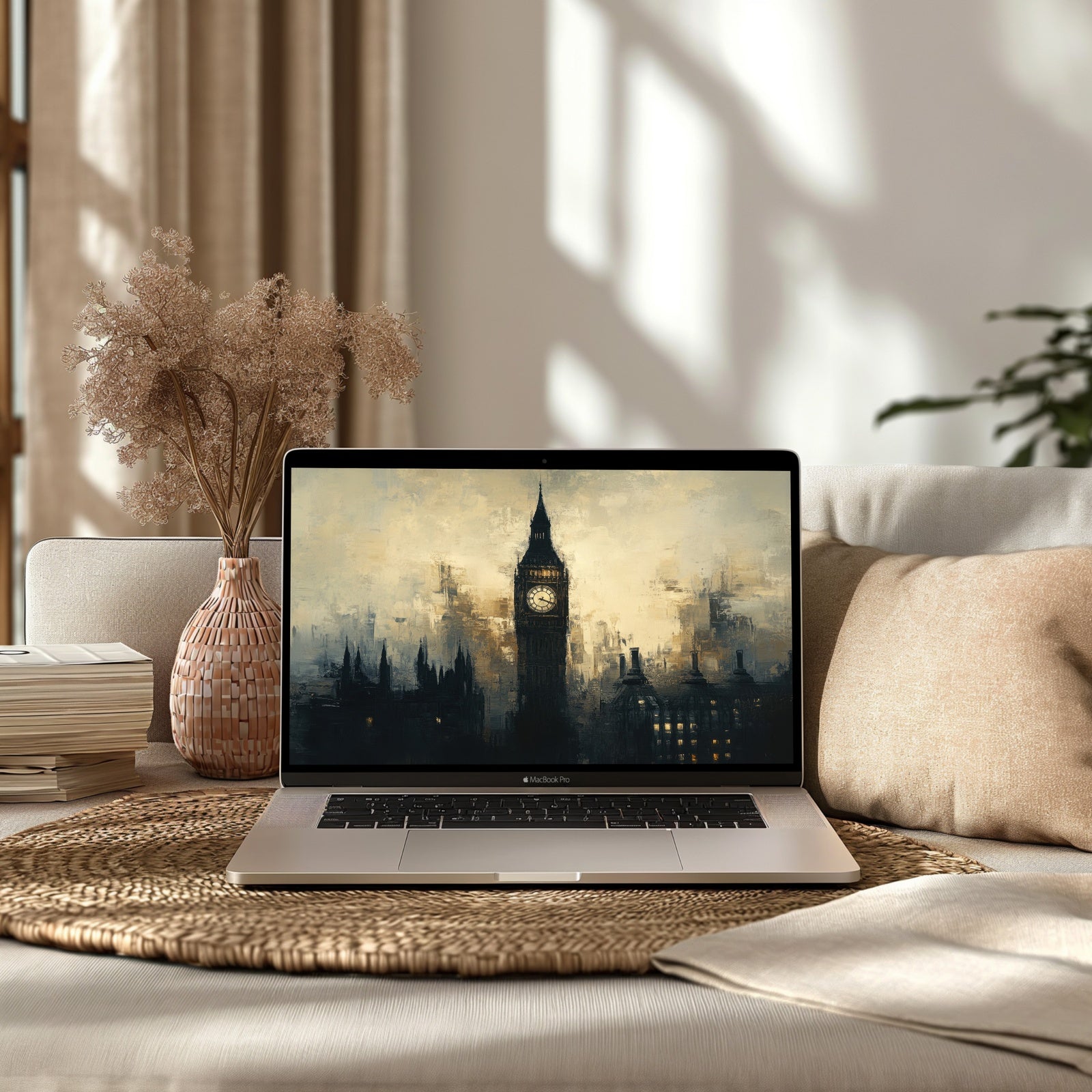 Urban desktop wallpaper featuring a modern city skyline emerging from golden mist - a captivating digital background that blends architectural elegance with atmospheric beauty, perfect for design lovers and creative workspaces