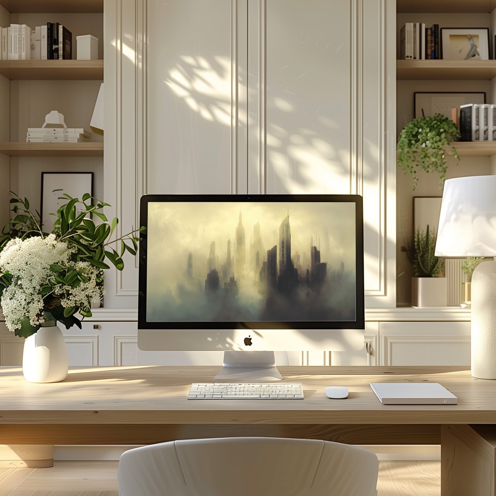Misty urban skyline desktop wallpaper featuring soft golden fog and modern city silhouettes, designed to add calm inspiration and artistic depth to your workspace
