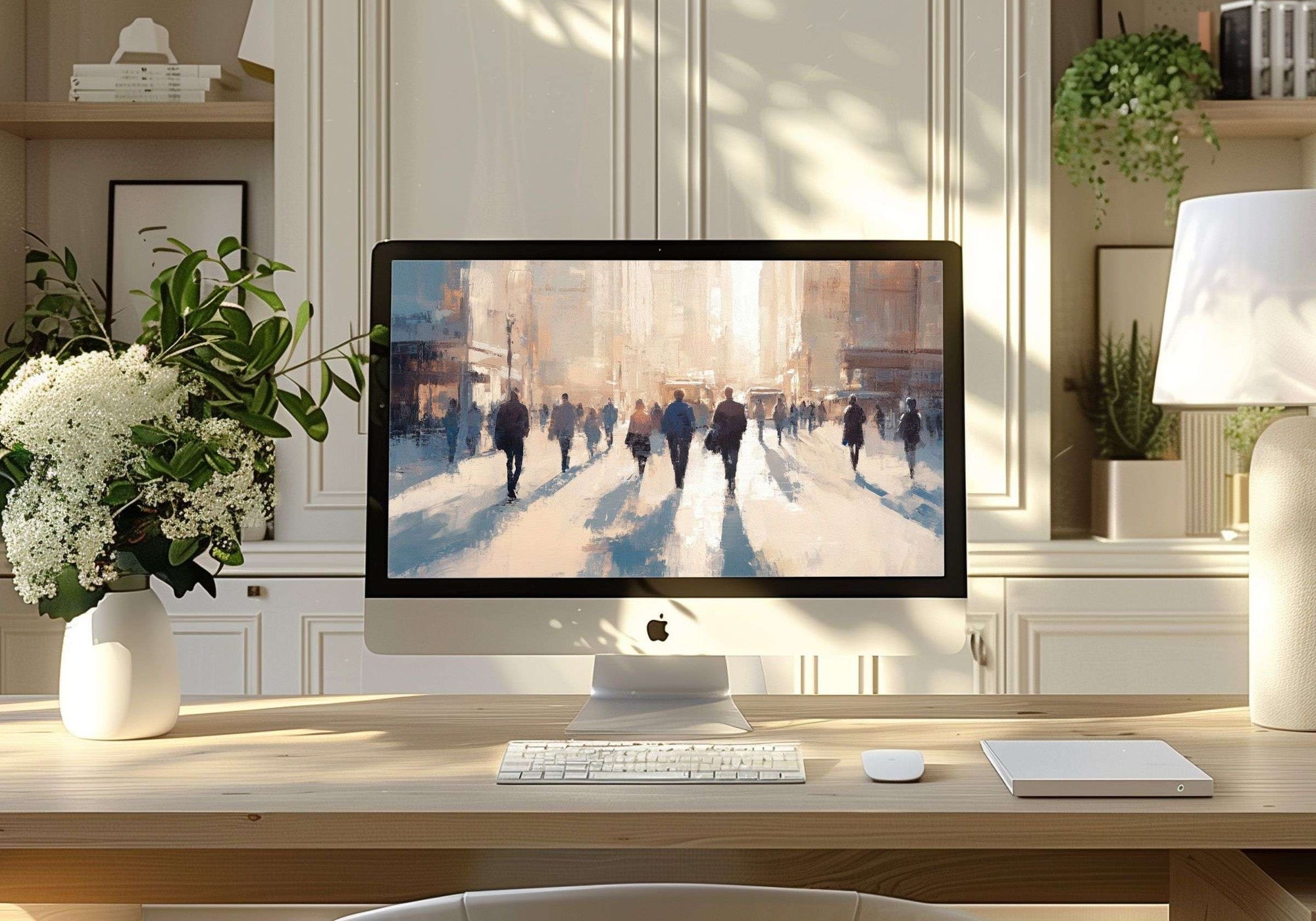 Urban desktop wallpaper featuring an impressionist cityscape with people walking through sunlit streets - a warm and modern artwork that adds sophistication, movement, and atmosphere to your digital workspace