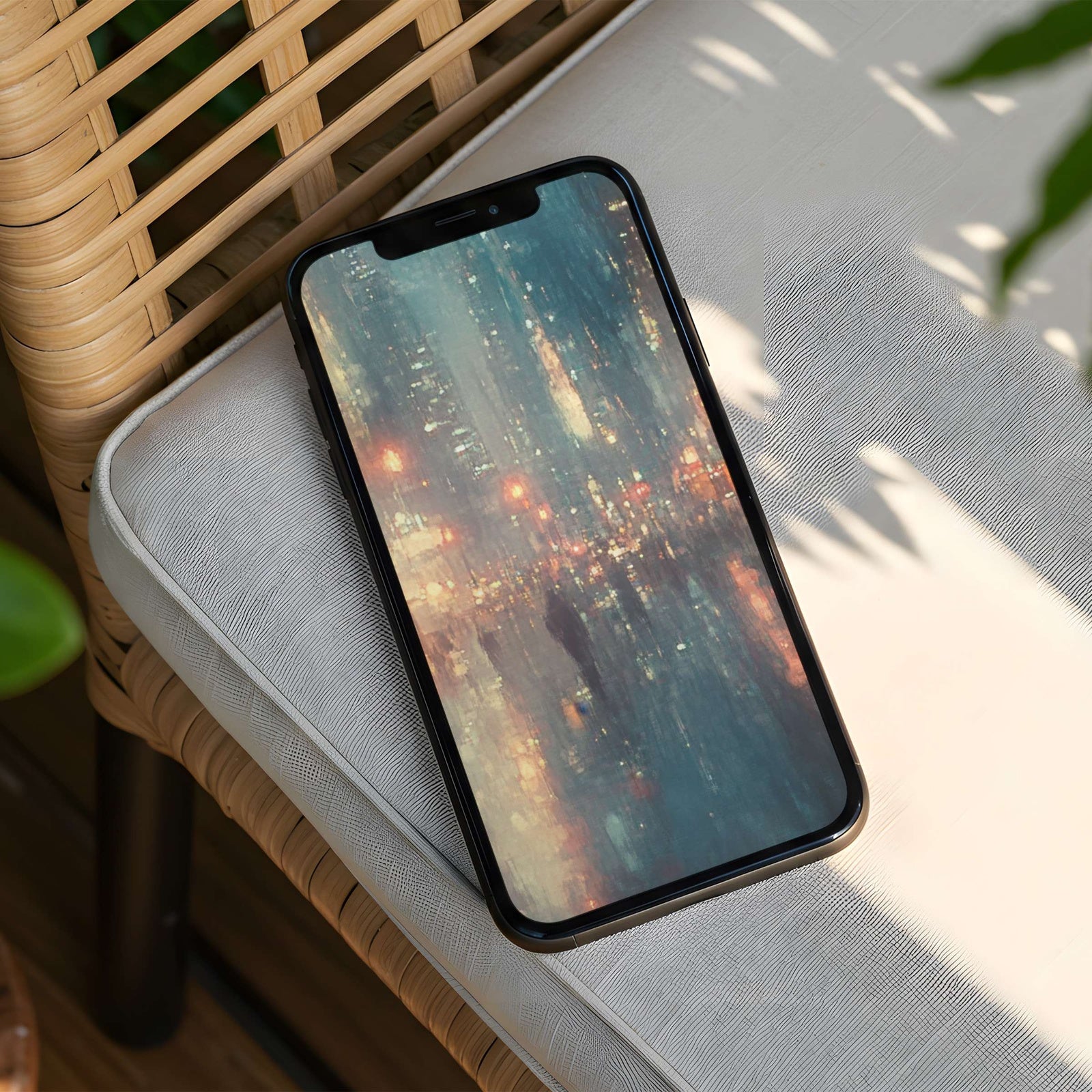 Urban phone wallpaper featuring soft impressionist city lights in rain-washed blues and warm glow tones - a calm, modern cityscape background for a stylish, refined home screen