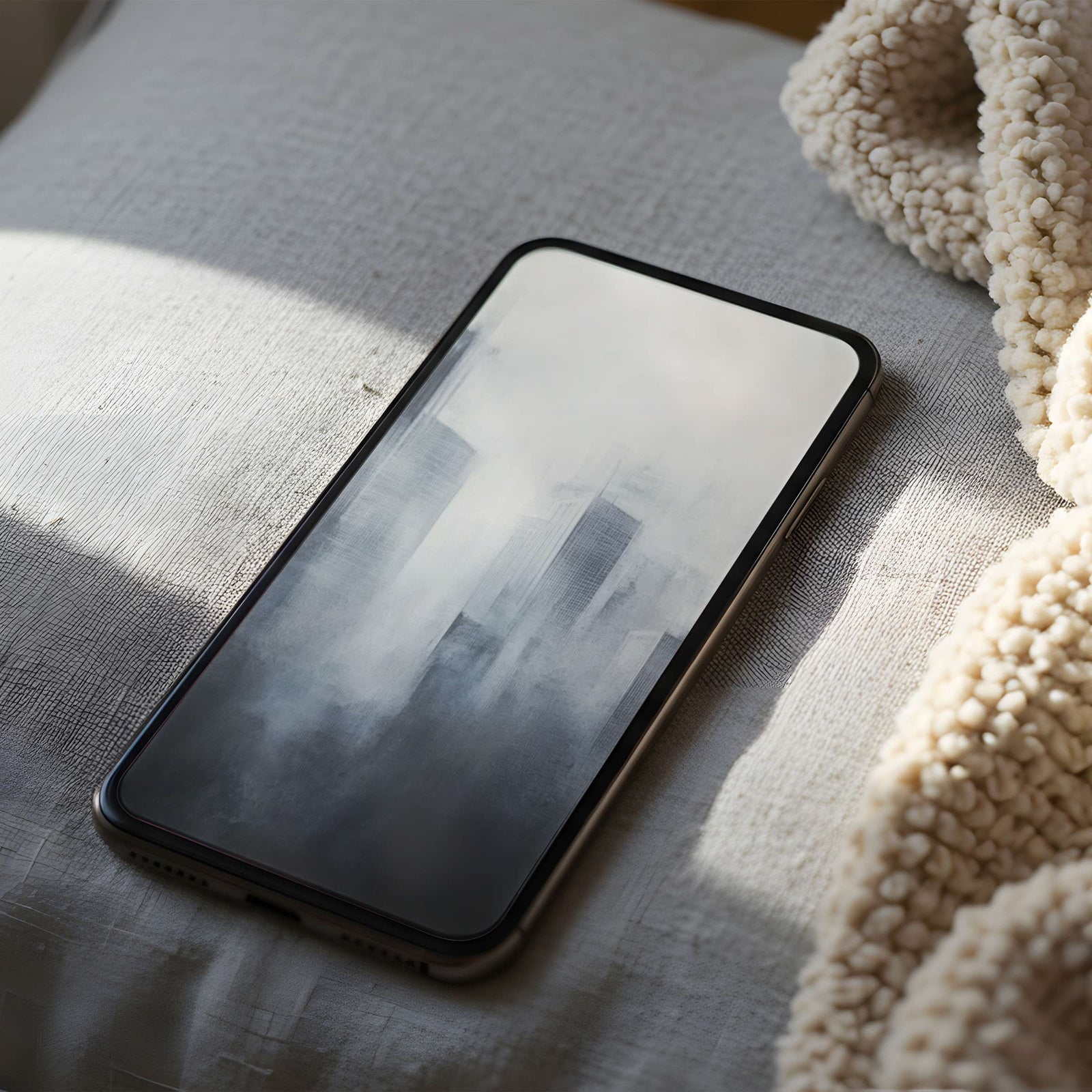 Urban phone wallpaper featuring abstract skyscrapers fading into soft mist - a minimal, modern cityscape background for design-focused users