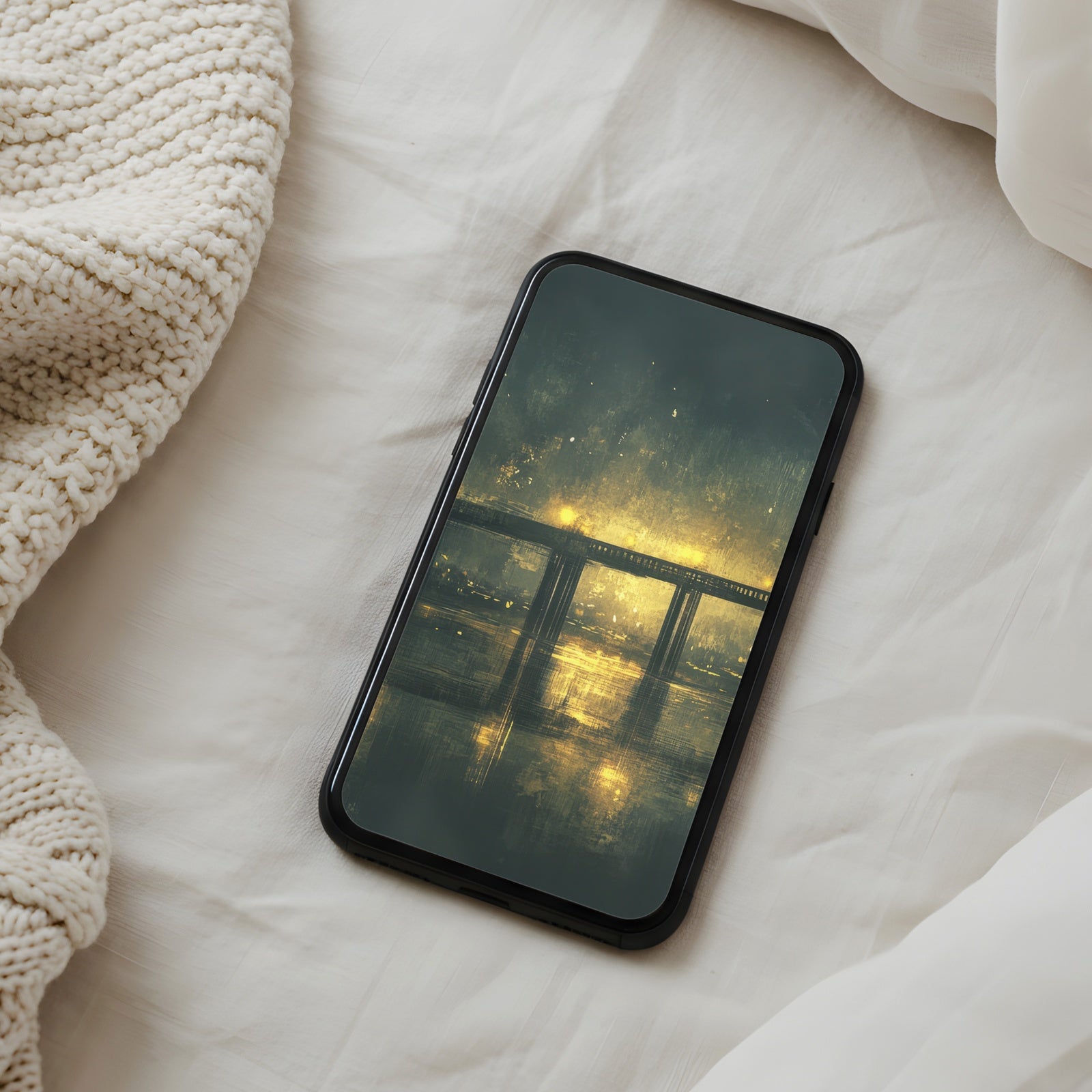 Urban phone wallpaper featuring a softly glowing bridge at night reflected on calm water - a moody, elegant cityscape background for a refined and stylish home screen