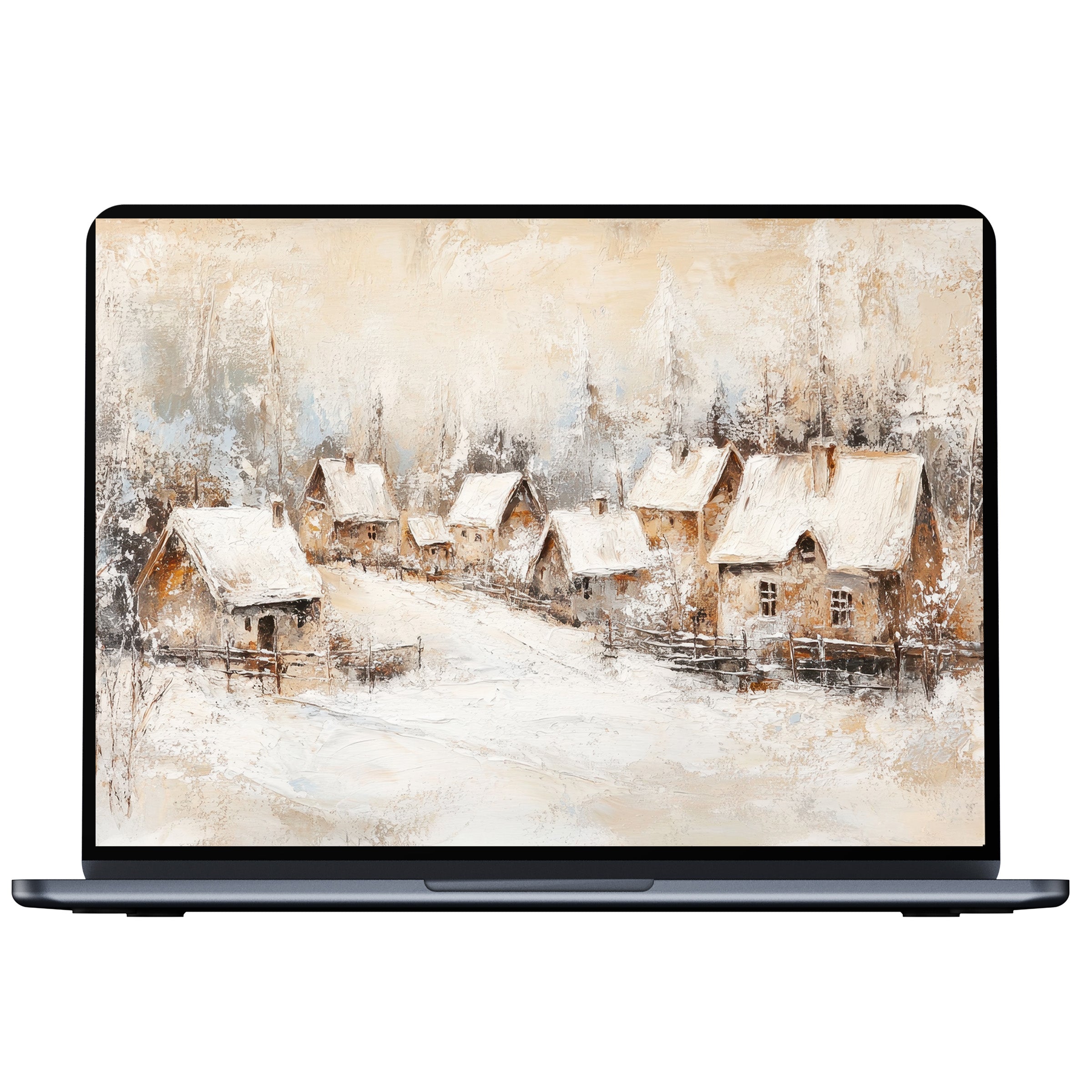 Vintage desktop wallpaper digital download featuring serene snowy village scene artfully enhances any PC or laptop space with elegance