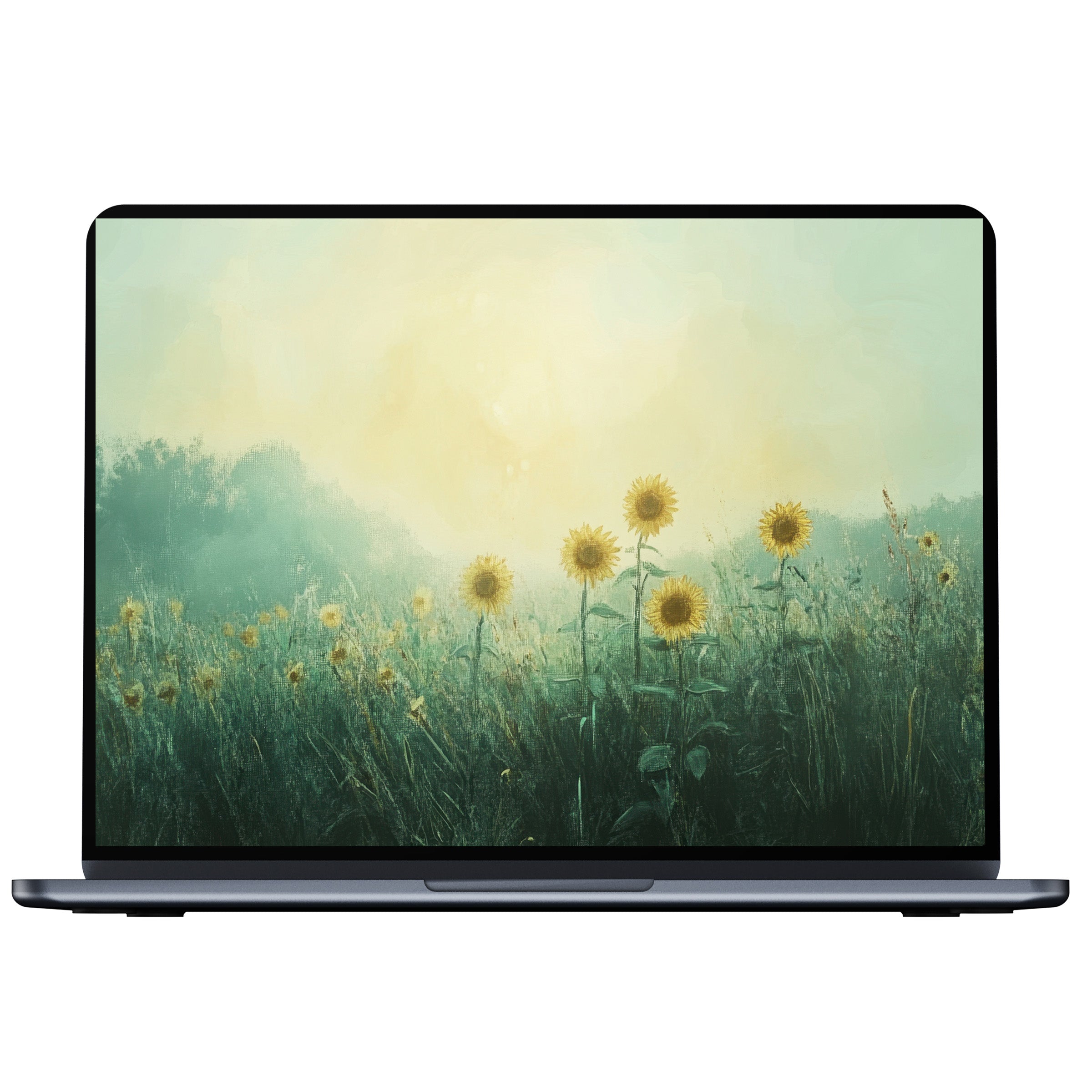 Vintage desktop wallpaper with a serene field of sunflowers and soft morning light perfect for digital download on PC or laptop