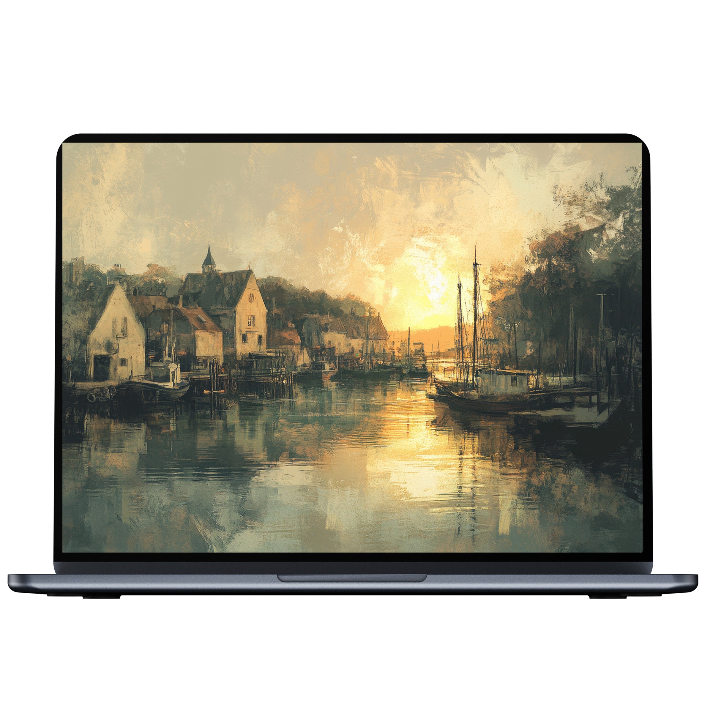 Vintage desktop wallpaper featuring a serene harbor at sunset, perfect digital download for PC, laptop, and Mac users seeking elegance