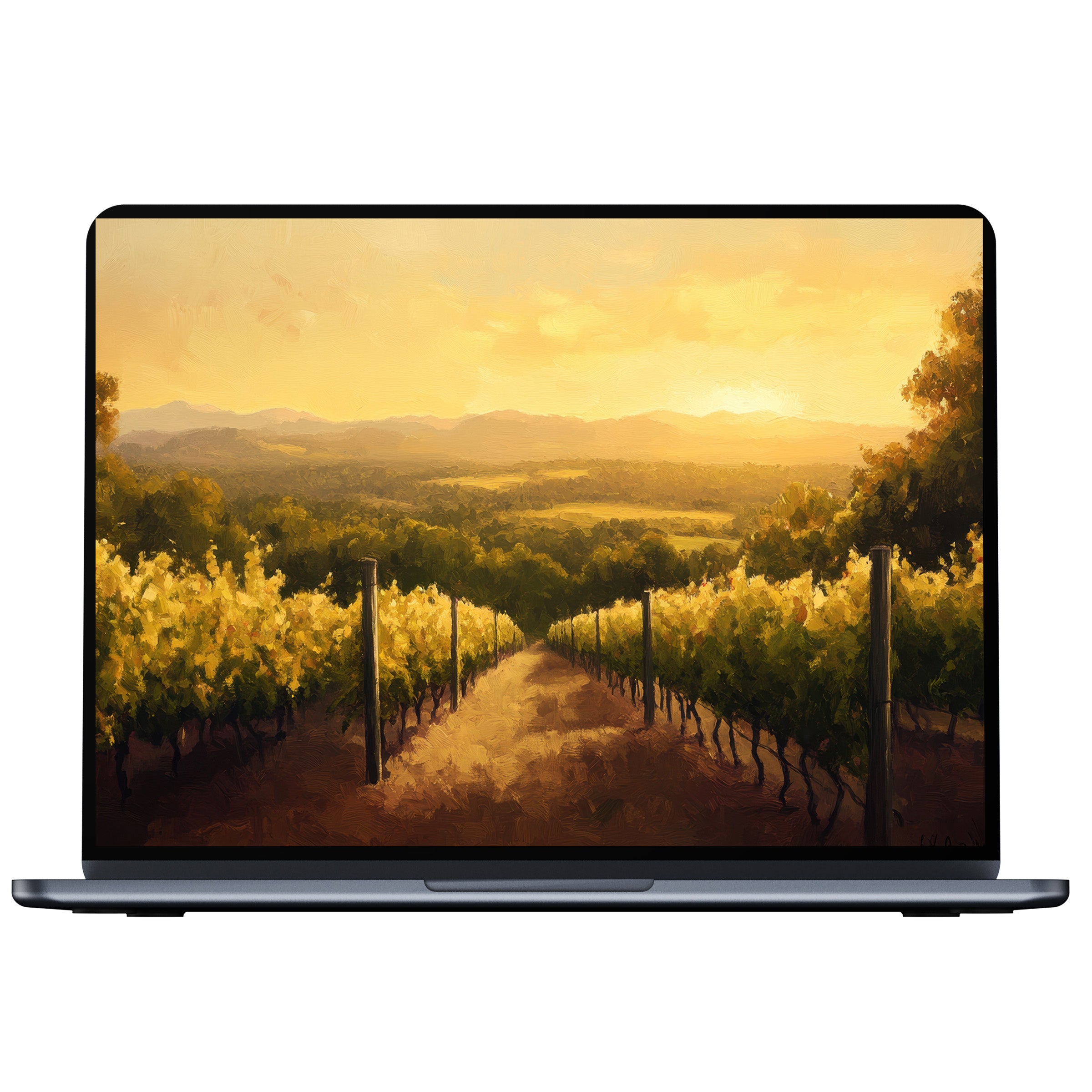 Vintage desktop wallpaper showcasing a serene vineyard at sunset in warm hues available for digital download perfect for PC or laptop