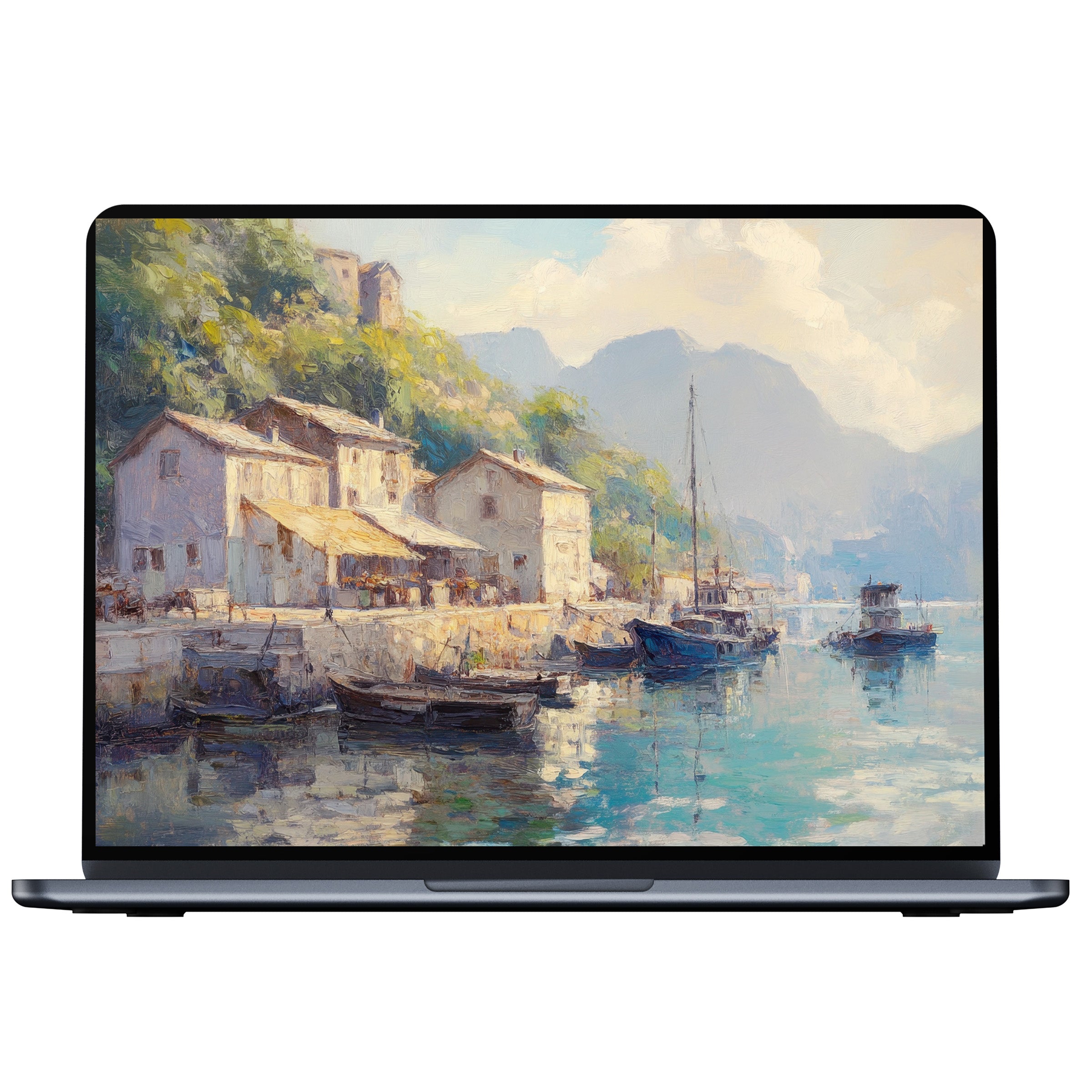 Vintage desktop wallpaper showcasing serene harbor scene with pastel hues perfect for digital download on PC or laptop