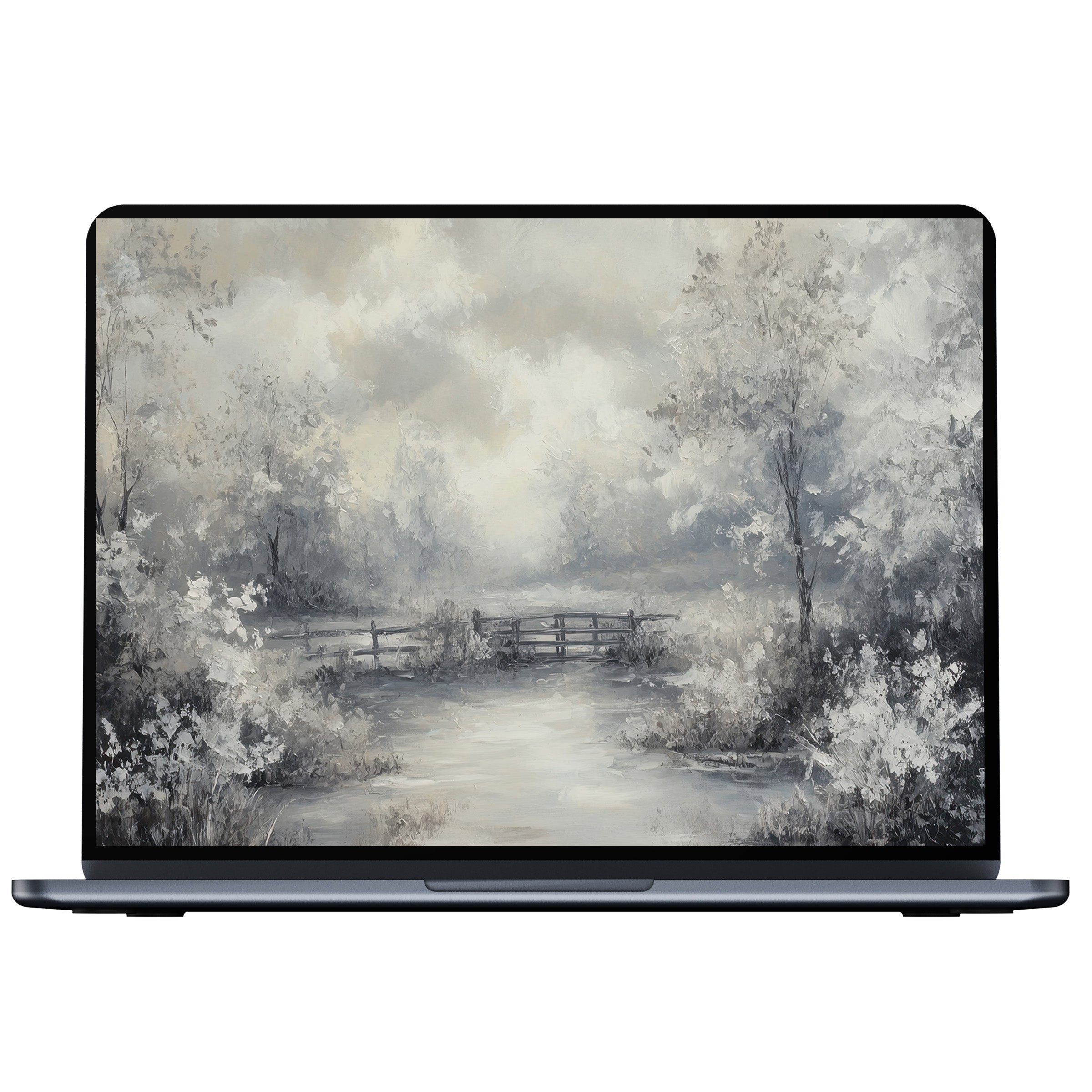 Vintage desktop wallpaper digital download featuring dreamy grayscale landscape painting for PC, laptop, or Mac to inspire tranquility