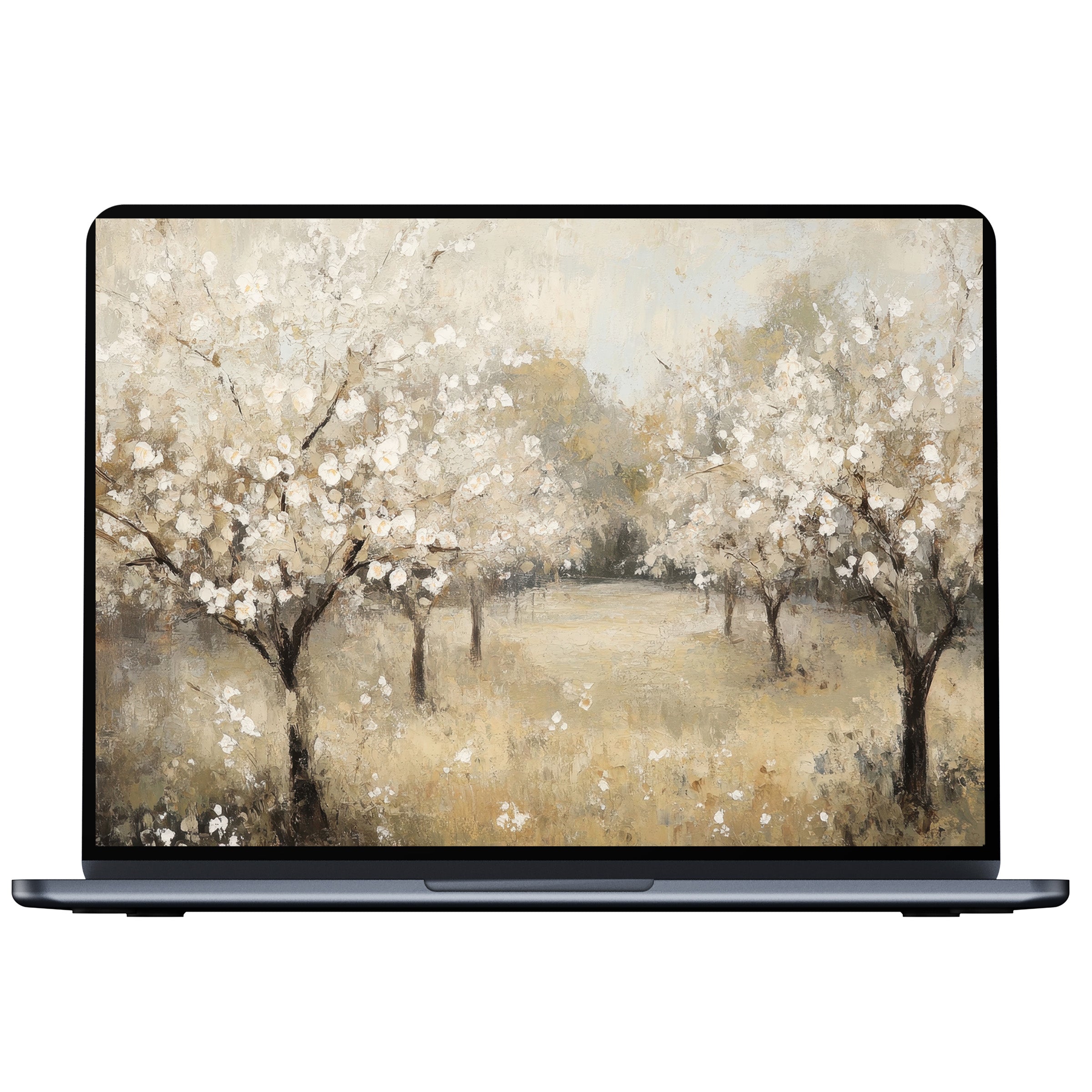 Vintage desktop wallpaper with serene blossom trees in a muted palette for PC or laptop digital download to inspire calm elegance
