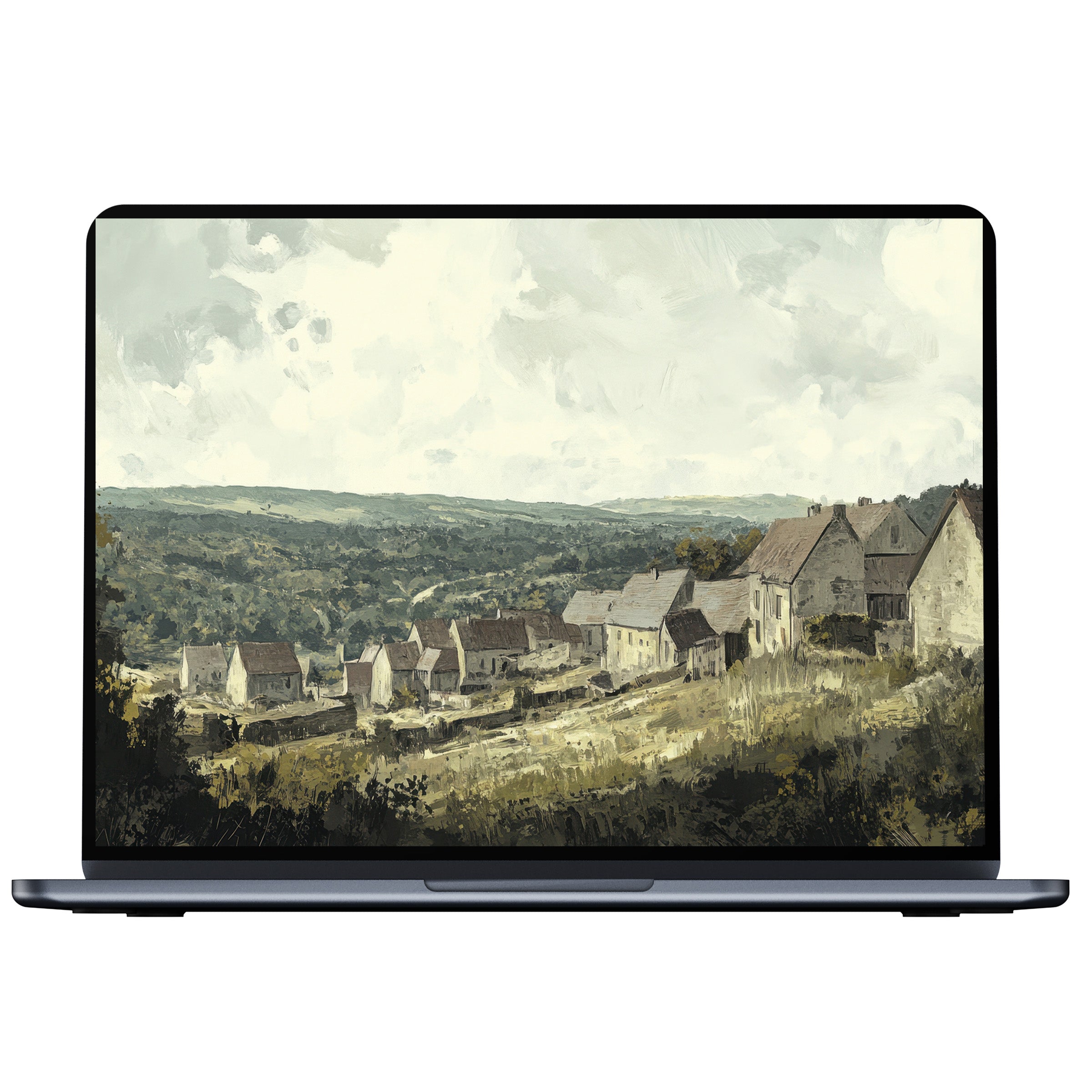 Vintage desktop wallpaper with serene countryside painting, ideal digital download for PC, laptop, or Mac users seeking elegance and calm