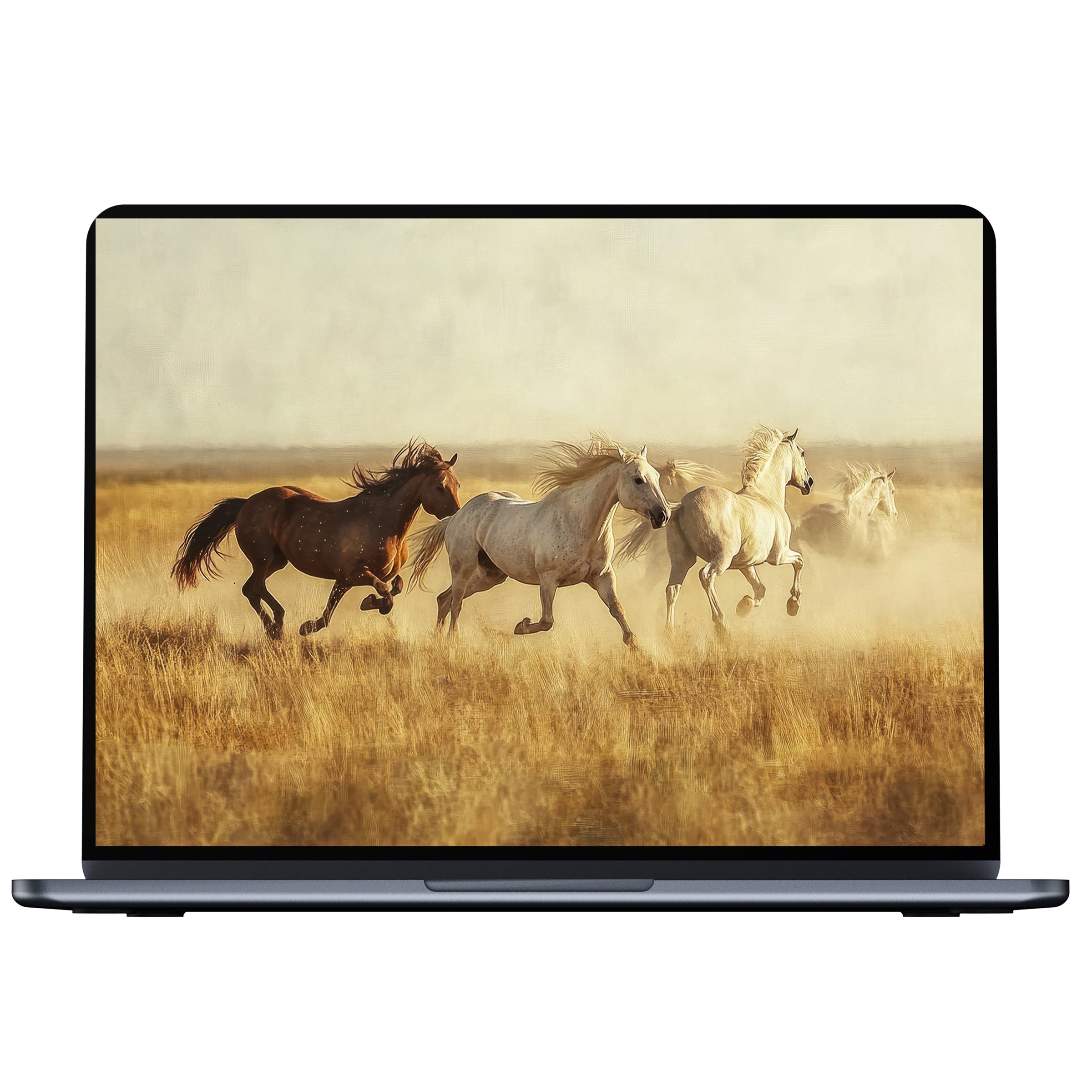 Vintage desktop wallpaper digital download of running horses in a golden field evokes calm elegance for PC and laptop backgrounds
