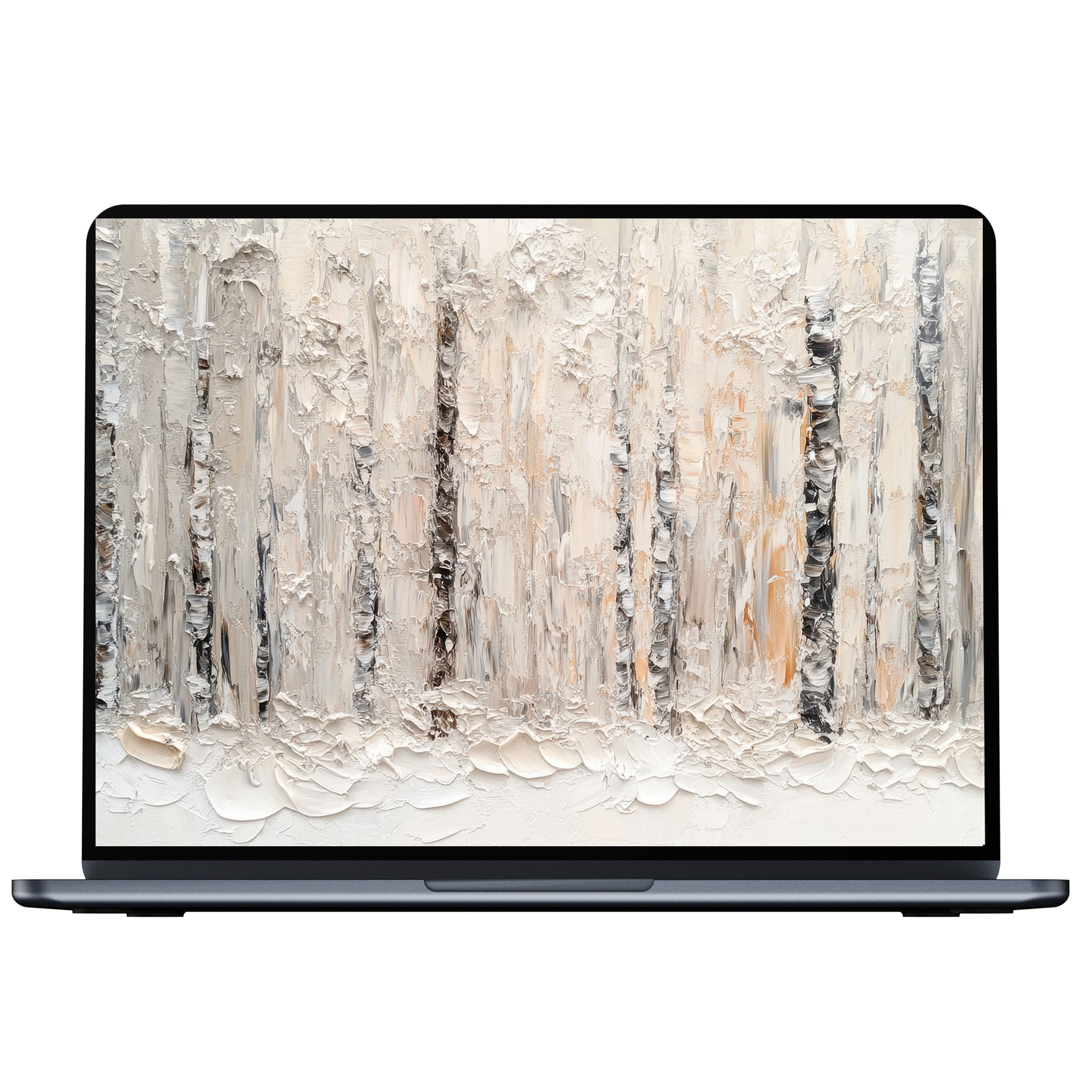 Elegant vintage desktop wallpaper featuring a serene snowy forest in textured neutrals ideal for digital download on PC or laptop