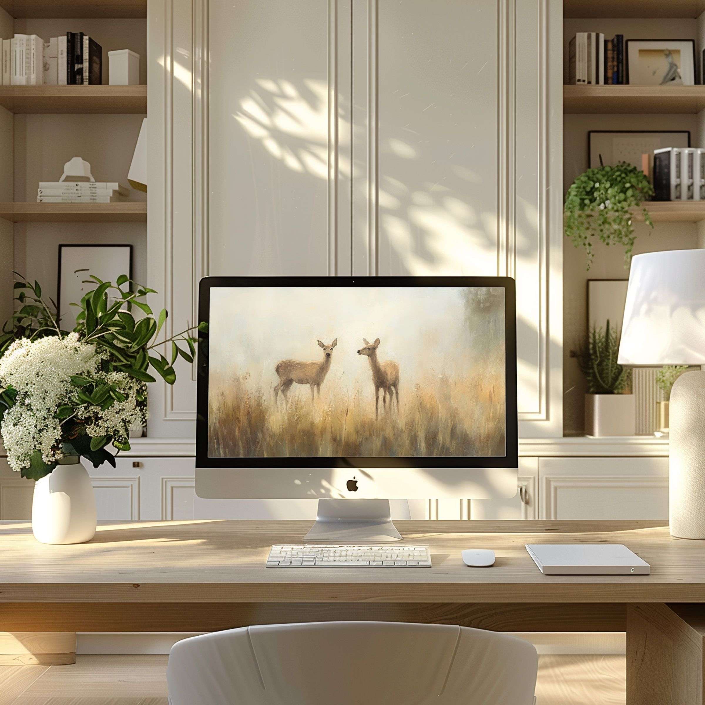 iMac on desk in cozy home office displaying a vintage wallpaper for Mac with two deer standing in a misty golden meadow, painted in a soft impressionist style
