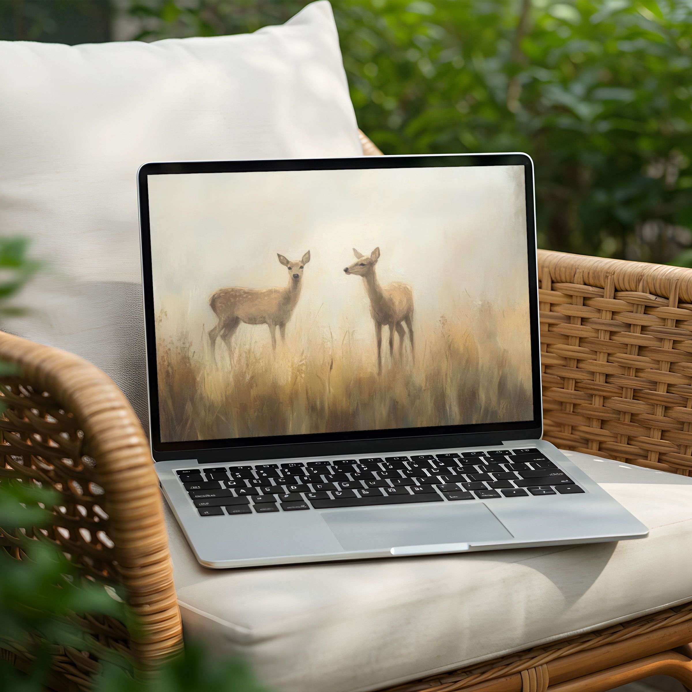 Calming deers in misty meadow painted softly for a tranquil desktop background, perfect for an instant download on your PC or Laptop