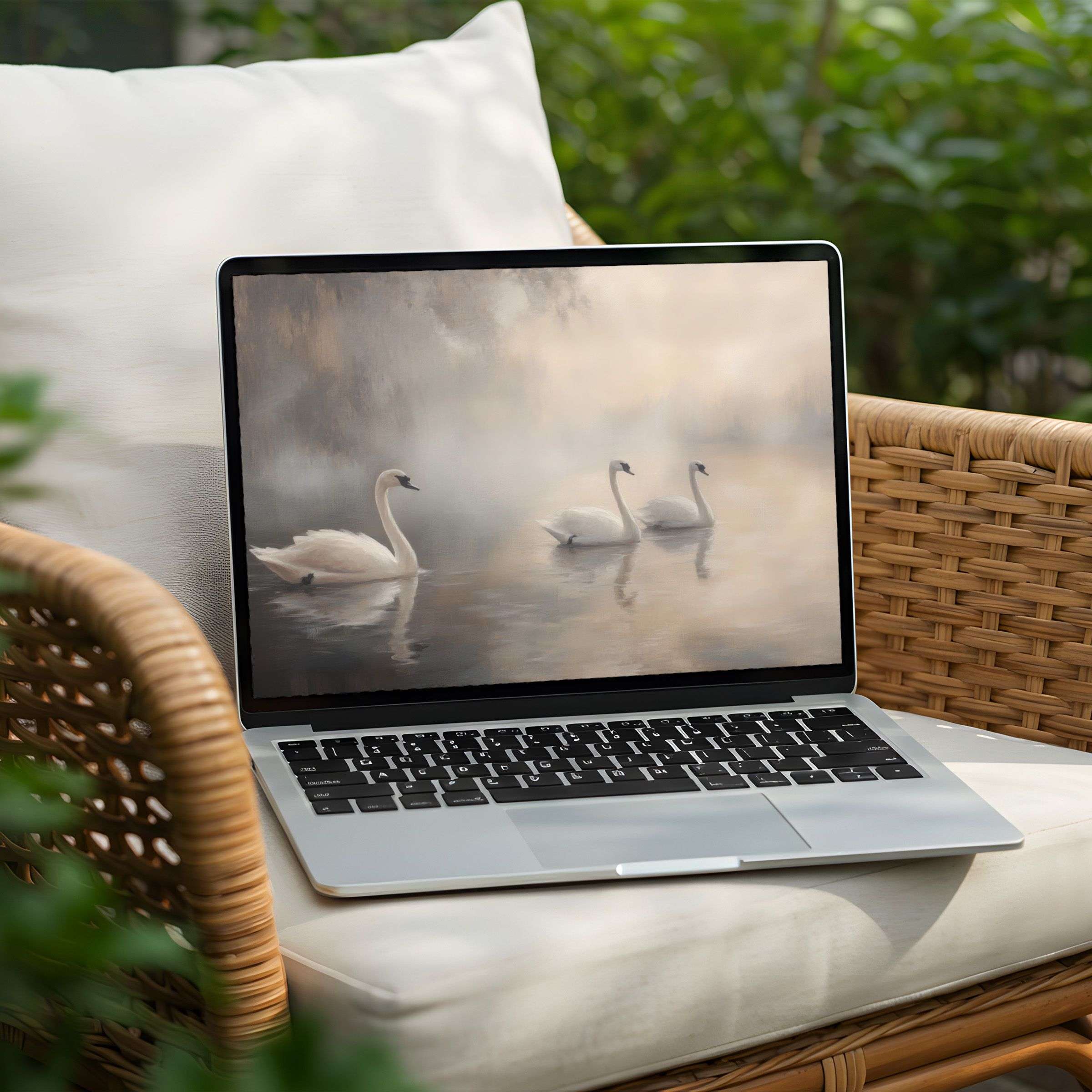 Elegant swans gracefully glide across a misty lake, perfect as your PC or Laptop desktop background instant download for calm inspiration