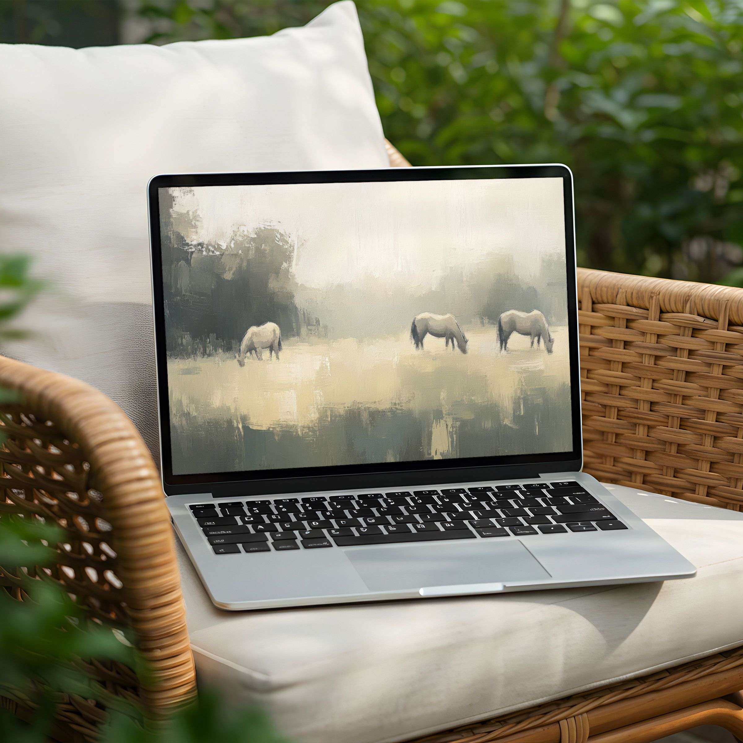 Elegant desktop background with serene horses in soft hues offers instant download for PC and Laptop design inspiration