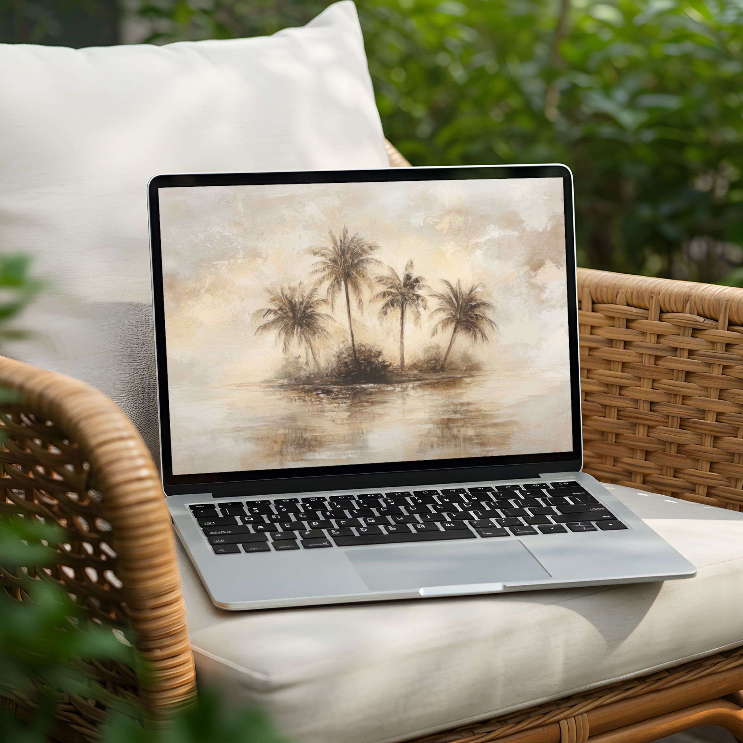 Serene palm island desktop background for PC or Laptop instant download calming elegance with warm tones for mindful inspiration