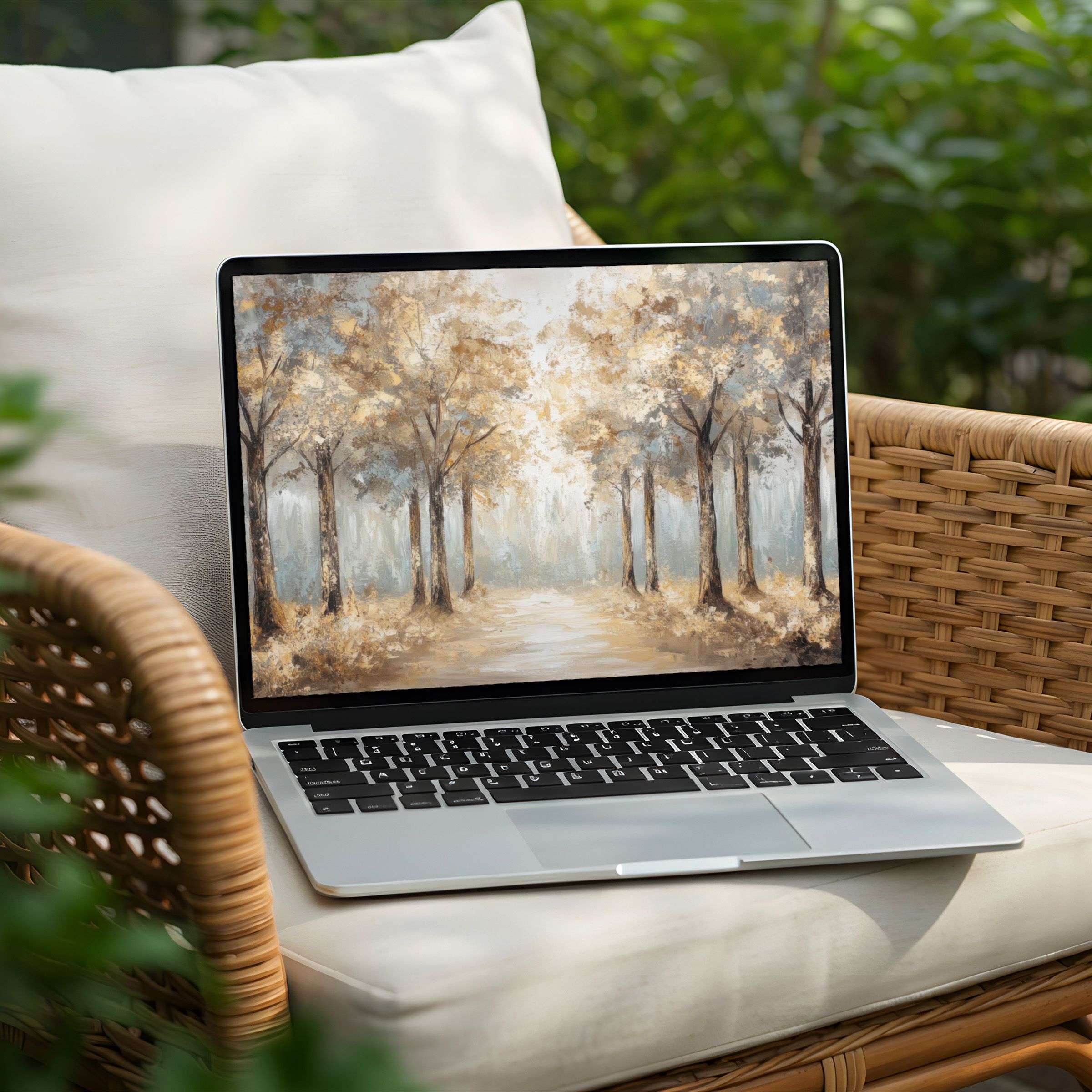 Serene forest scene desktop background for PC and Laptop instant download evokes calm and elegance with soft earthy tones