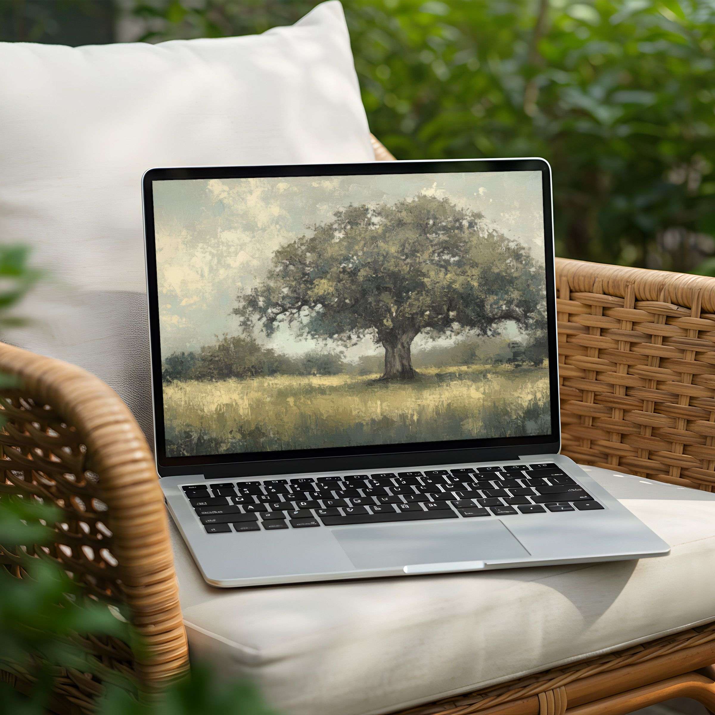 Tranquil desktop background for PC or Laptop with serene tree painting, instant download for mindful elegance and inspiration