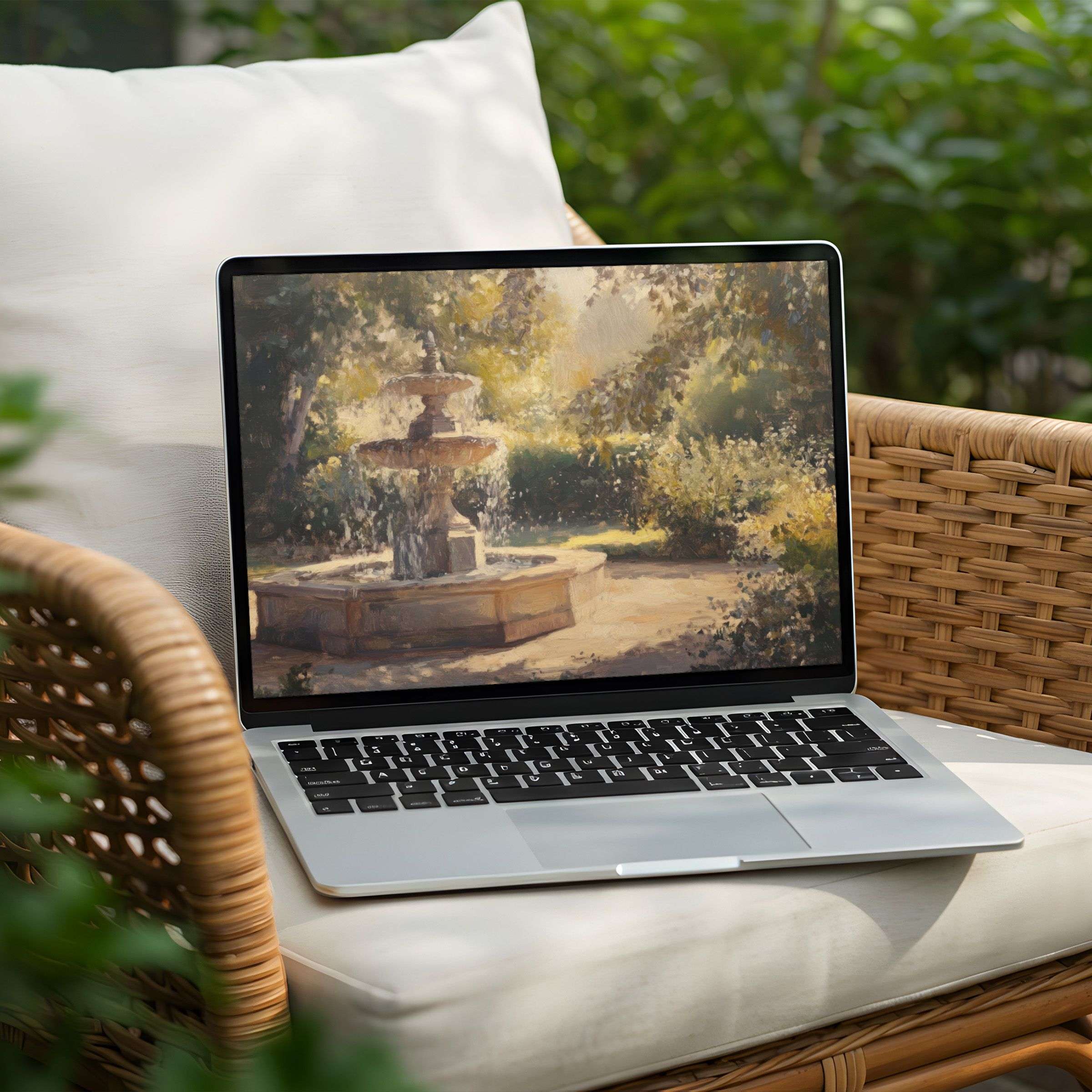Elegant garden fountain painting as PC or Laptop desktop background for instant download inspiring calm and mindfulness