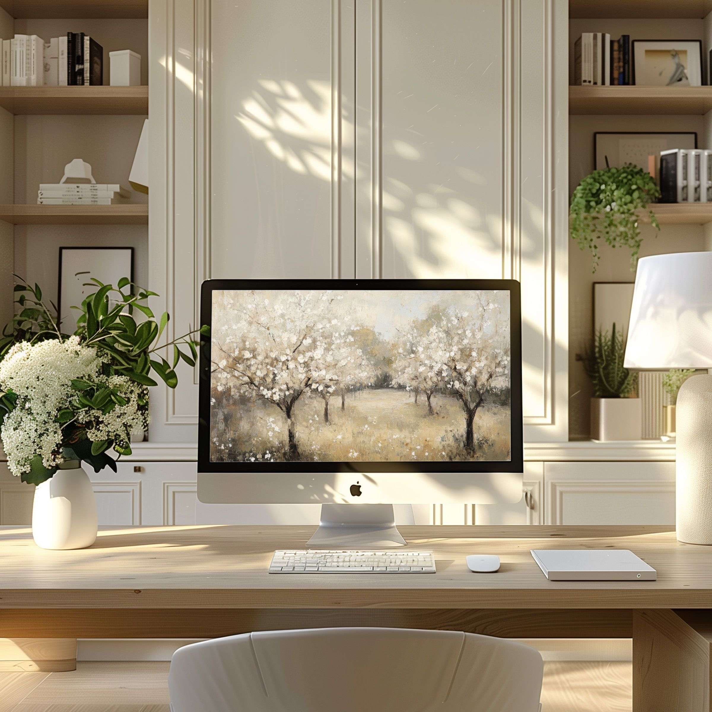 Elegant blossom landscape wallpaper for computer, PC, and laptop inspires calm in a serene, modern home office setting