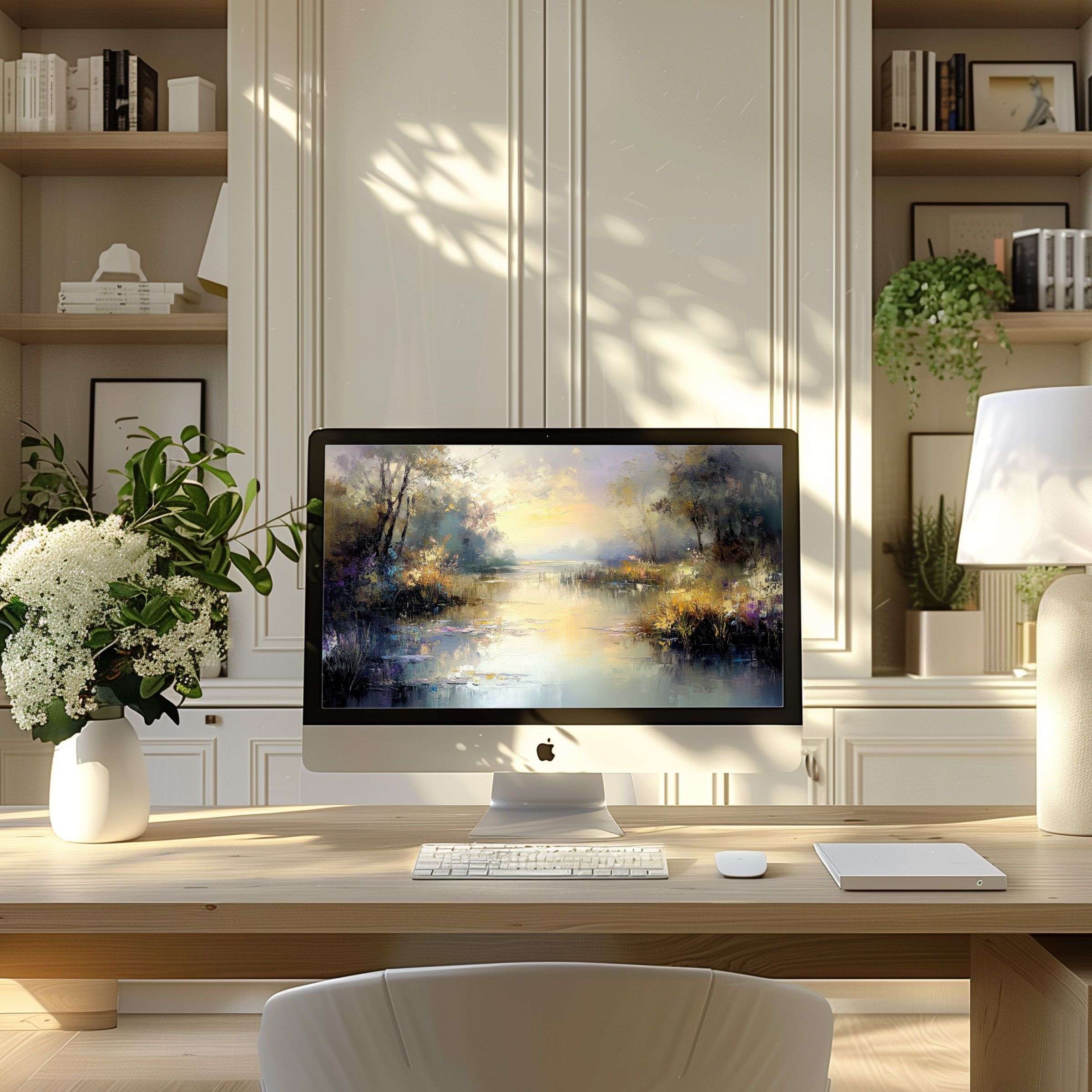 Inspirational wallpaper for computer with serene landscape painting elevates modern home office, perfect for PC and laptop users seeking calm