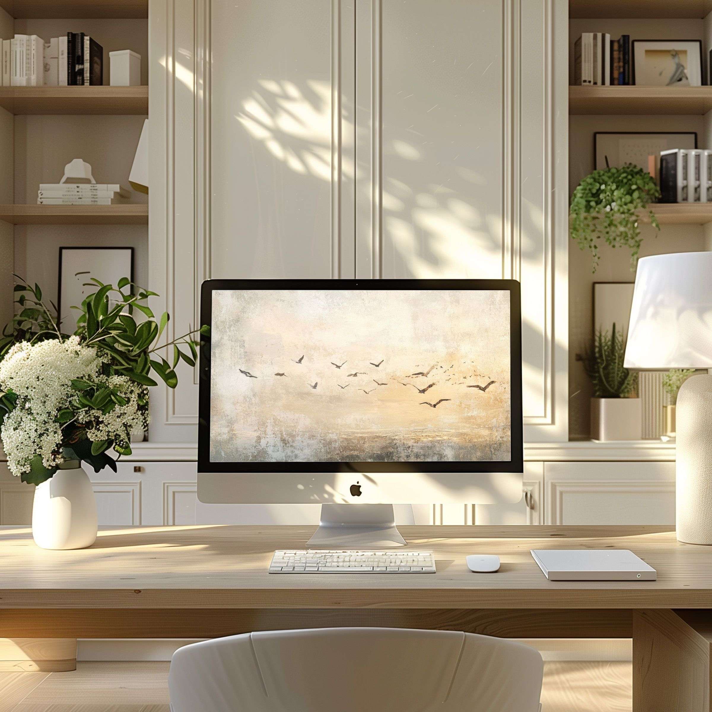 Elegant digital art with soft birds in flight offers calm inspiration for modern home offices, perfect wallpaper for computer, PC, Laptop