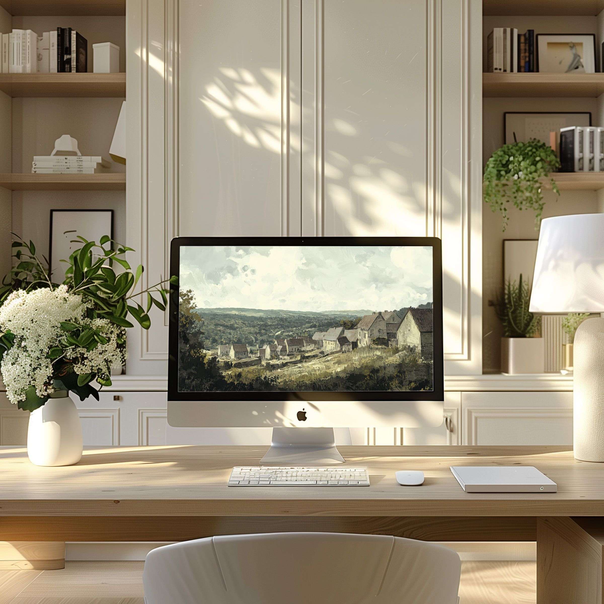 Elegant countryside scenery wallpaper for computer enhancing a modern home office PC or laptop with calming inspiration