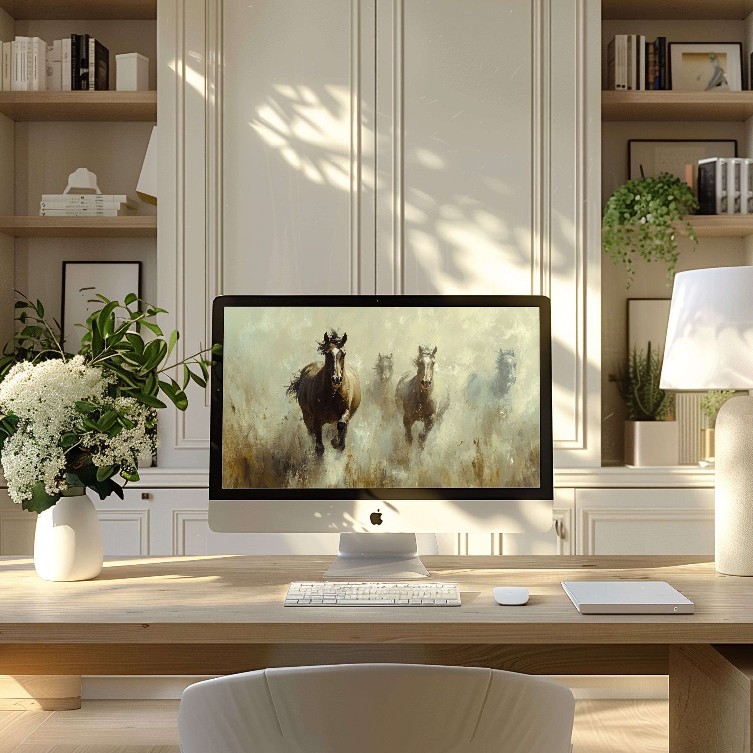 Elegant horse artwork as wallpaper for computer enhances modern home office, inspiring calm and fitting PC, laptop, ultrawide screens